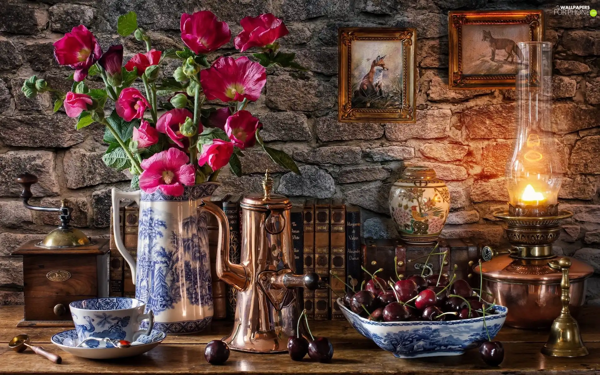 Bouquet of Flowers, composition, Hollyhocks, jug, cup, mill, Lamp, cherries, picture