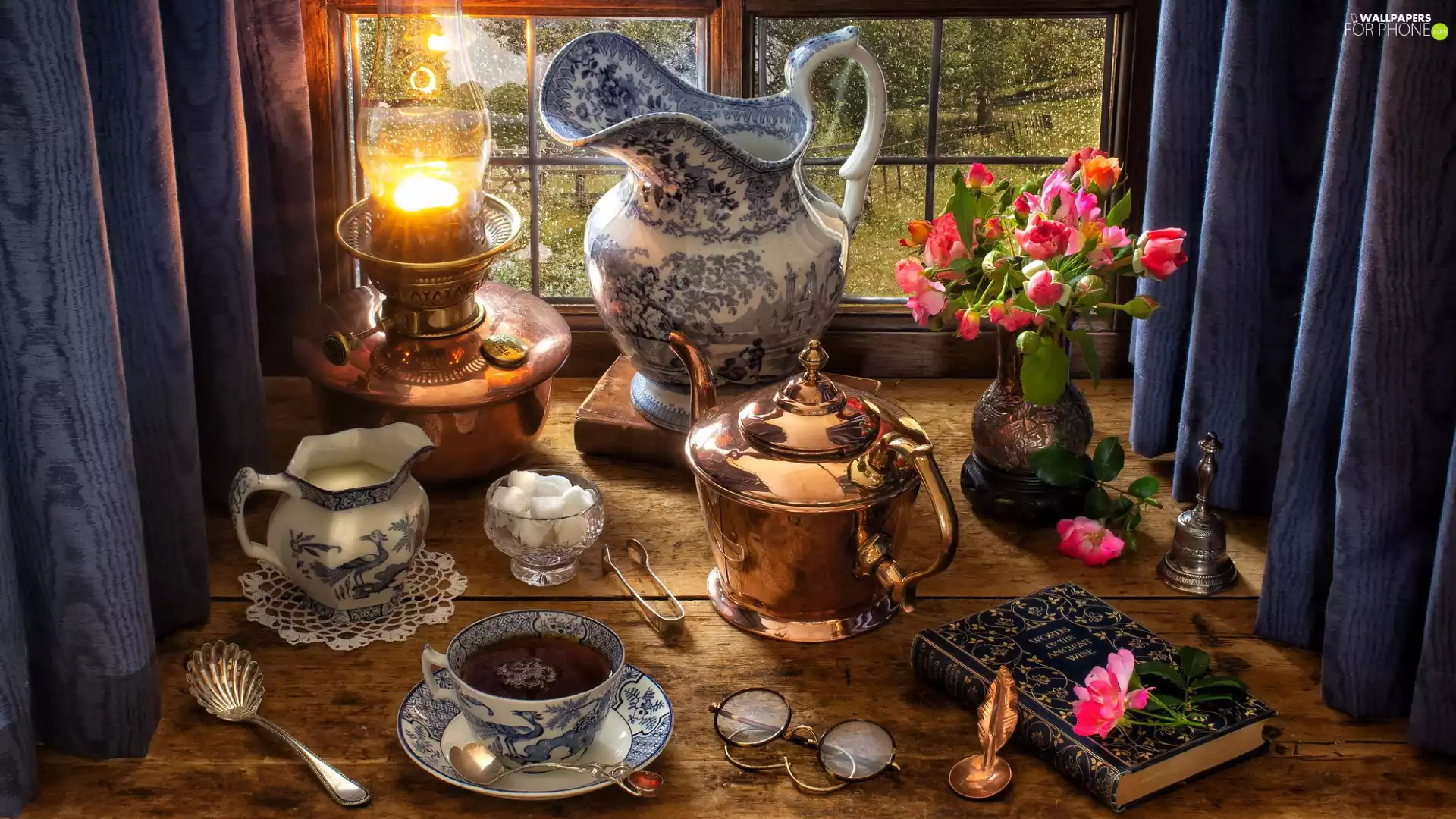 roses, Flowers, Book, cup, jug, Glasses, Vase, composition, Window, Oil Lamp, kettle, pitcher