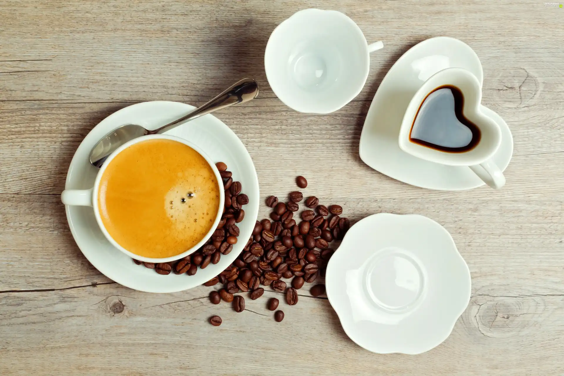 cups, coffee, teaspoon, grains, Plates