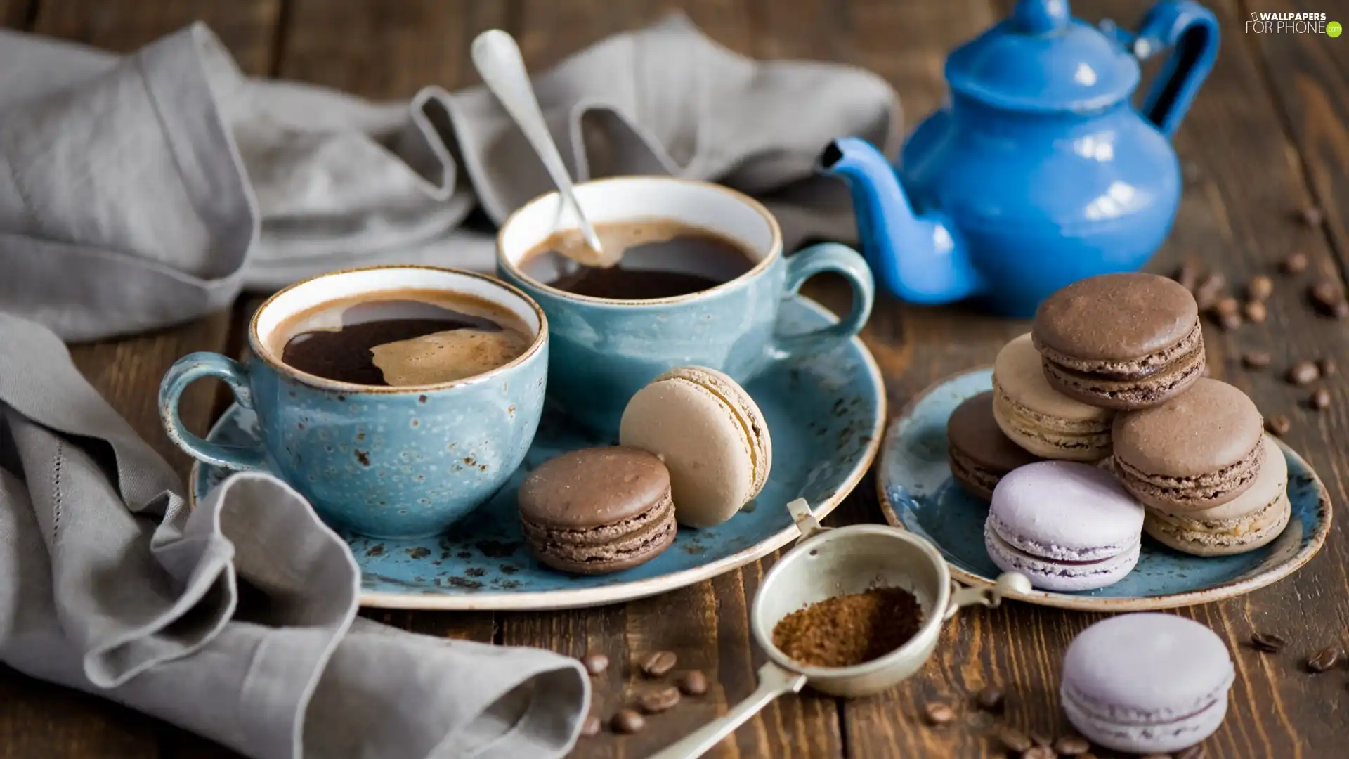 coffee, composition, cups, cookies, rose, kettle, Plates, grains, Macaroons