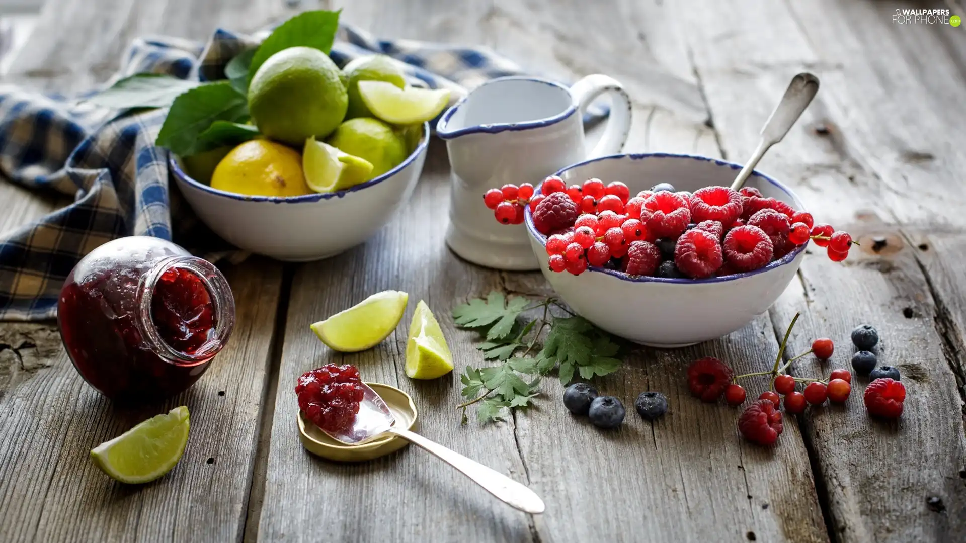 lemons, raspberries, Bowls, currant, Fruits, limes, jug