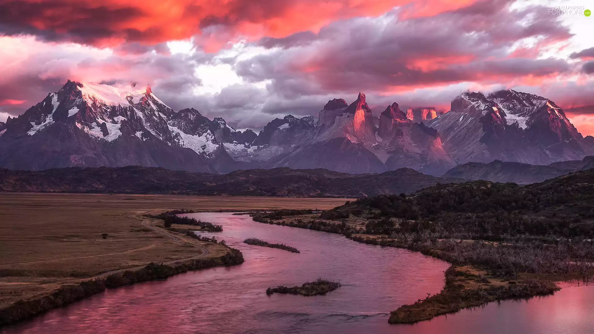 Mountains, curve, Great Sunsets, River