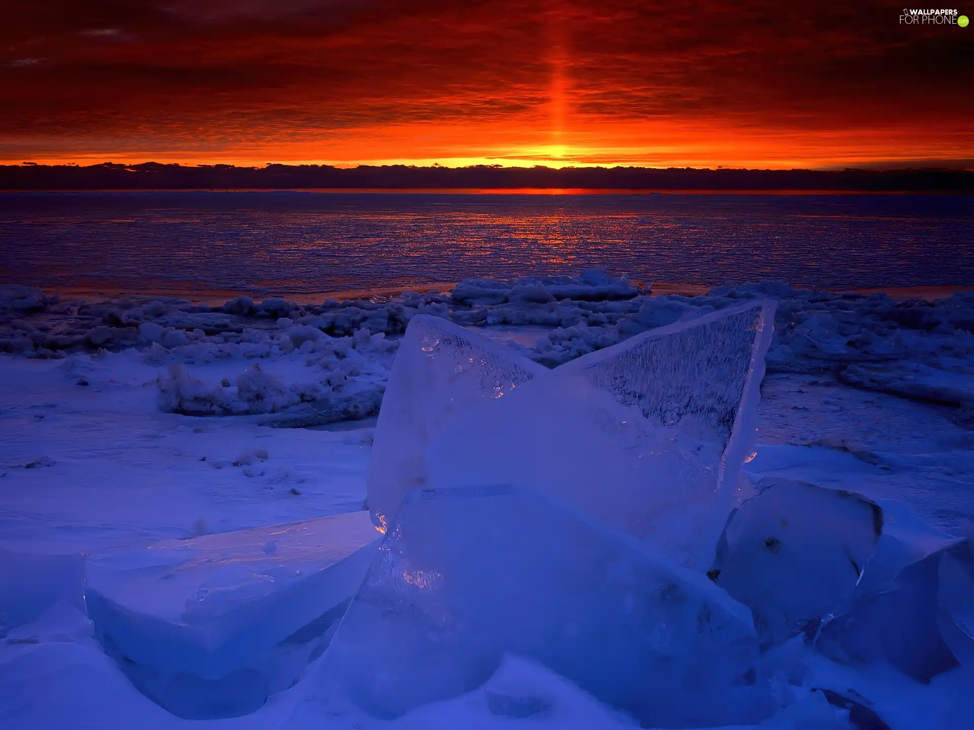 sun, Red, cuts, ice, lake, west