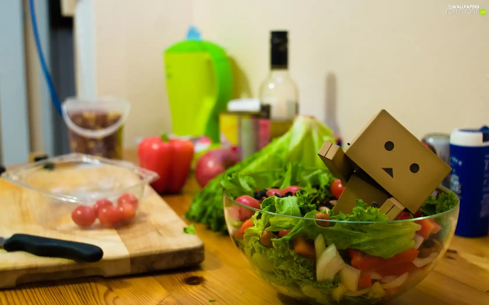 cardboard, salad, Danbo, alien