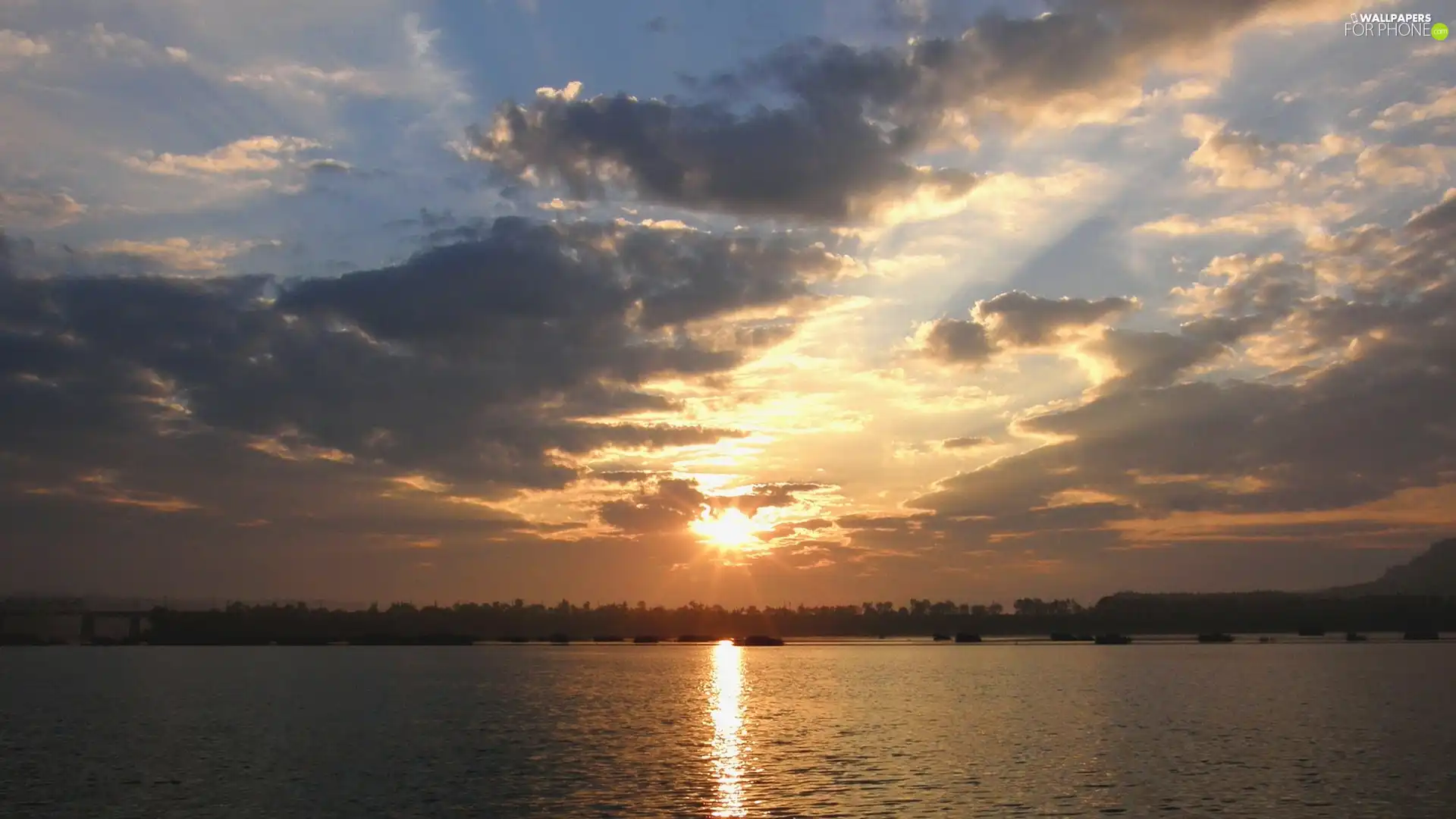 dark, clouds, sun, lake, west