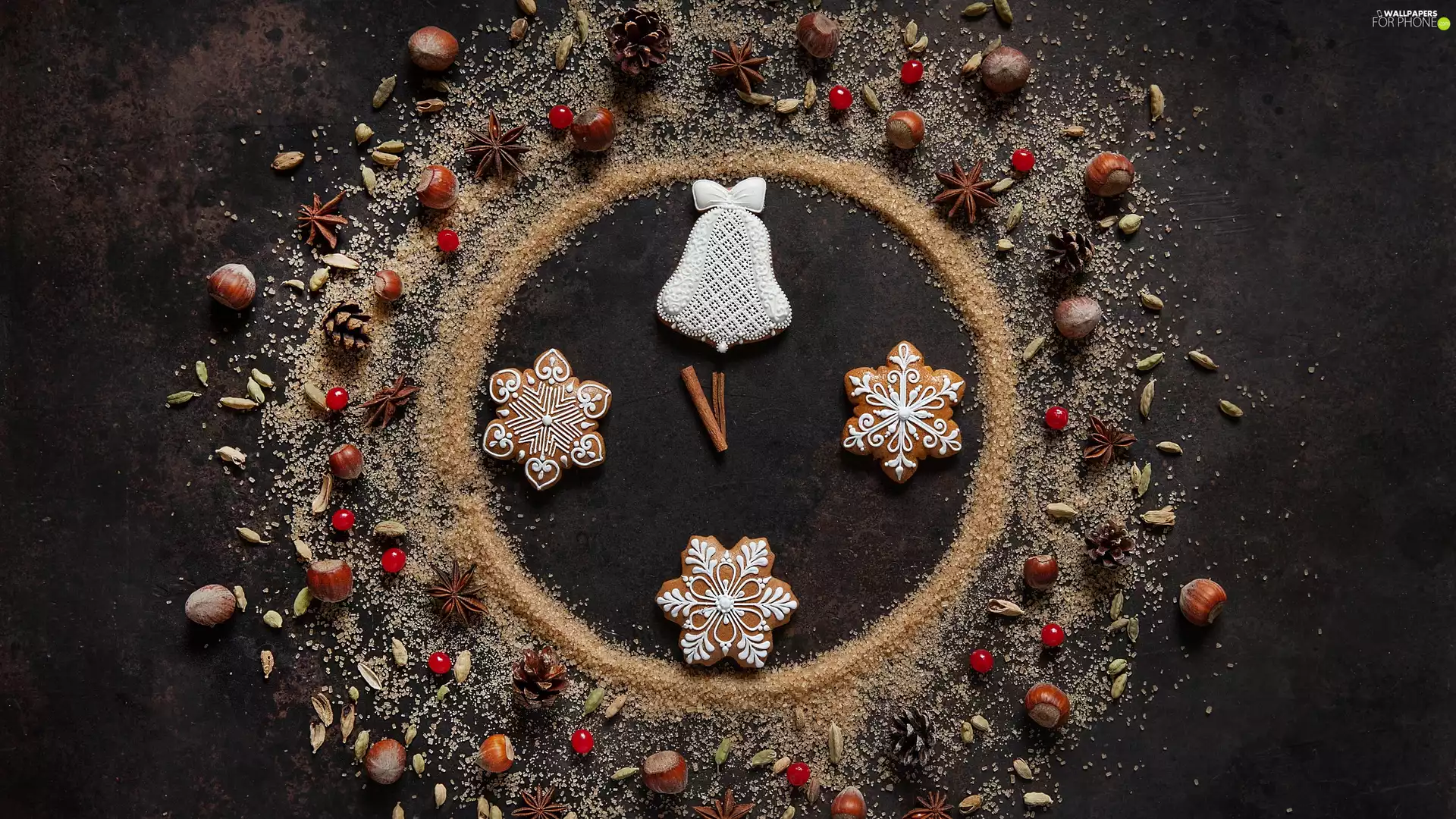 Sprinkled, composition, Brown, sugar, anise, background, dark, ginger, Christmas, blueberries, nuts