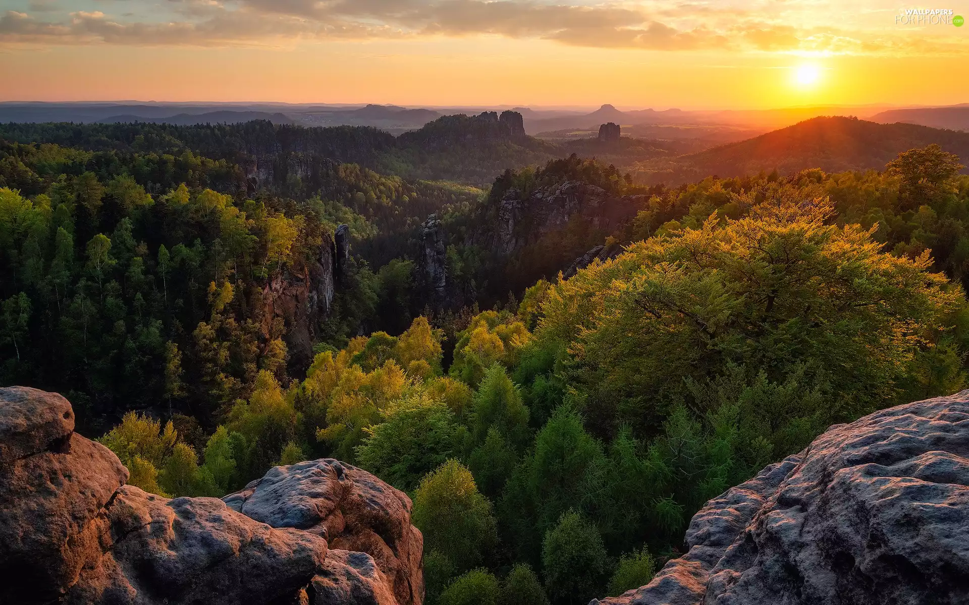 rocks, Saxon Switzerland National Park, viewes, Děčínská vrchovina, Germany, trees, Sunrise