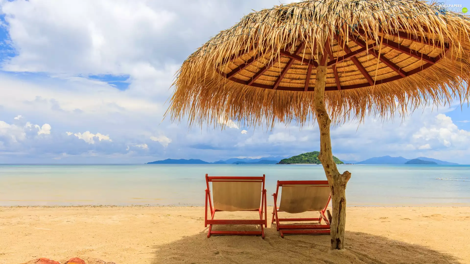 Umbrella, clouds, Beaches, deck chair, sea