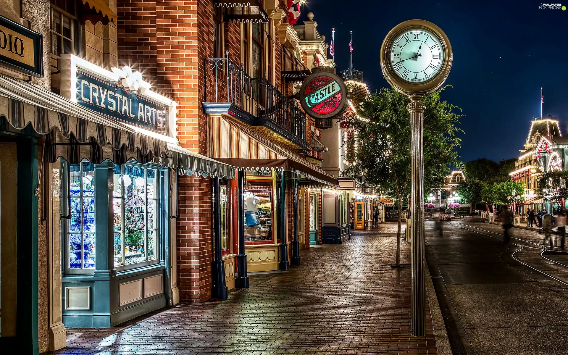 Disneyland, California, Night, buildings, Town