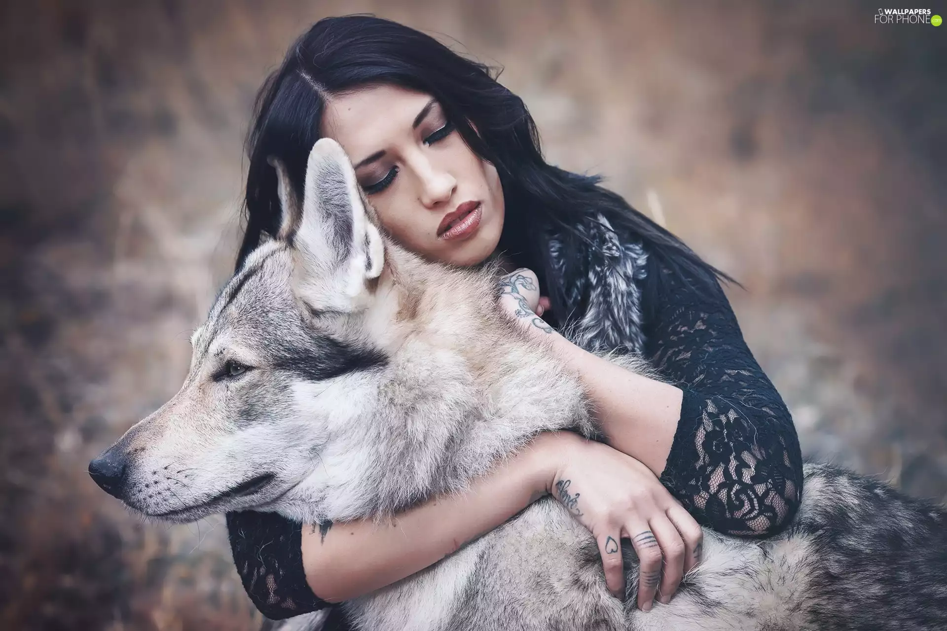Women, dog, Czechoslovakian Wolfdog, brunette