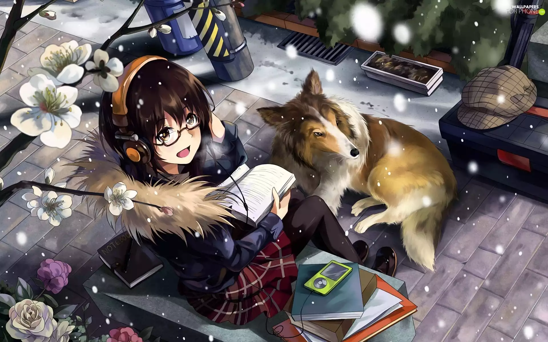 Books, Manga Anime, dog, HEADPHONES, girl