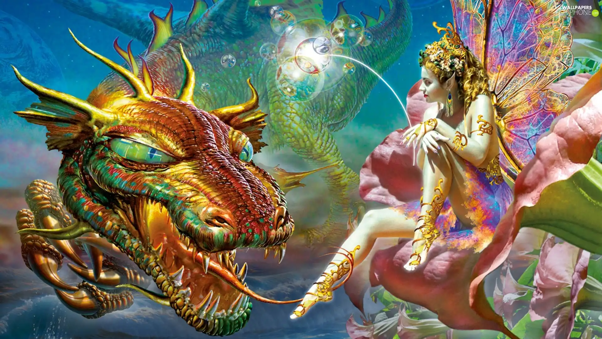 Women, butterfly, Dragon, Rainbow