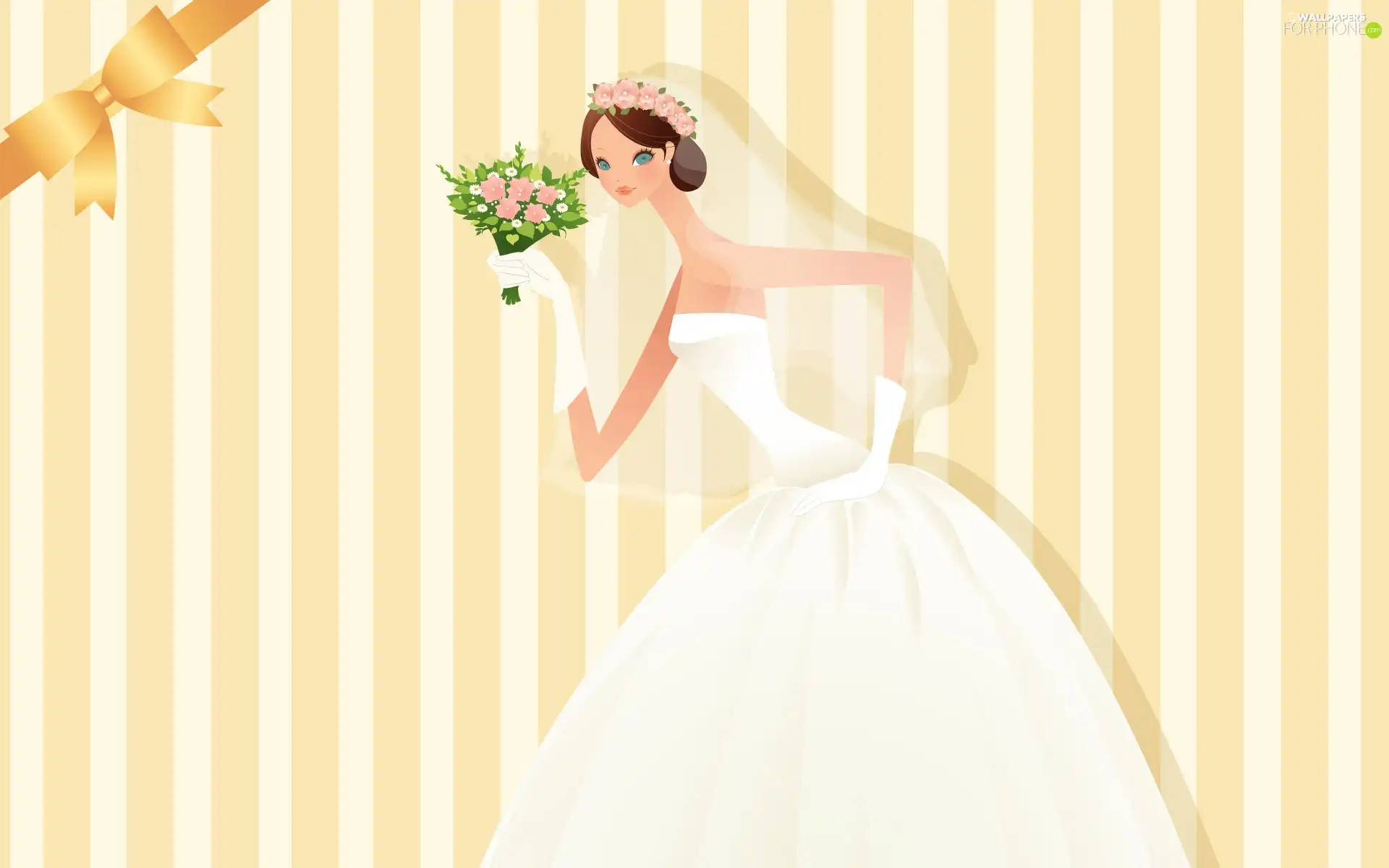 bouquet, lady, Dress, graphics, White, young