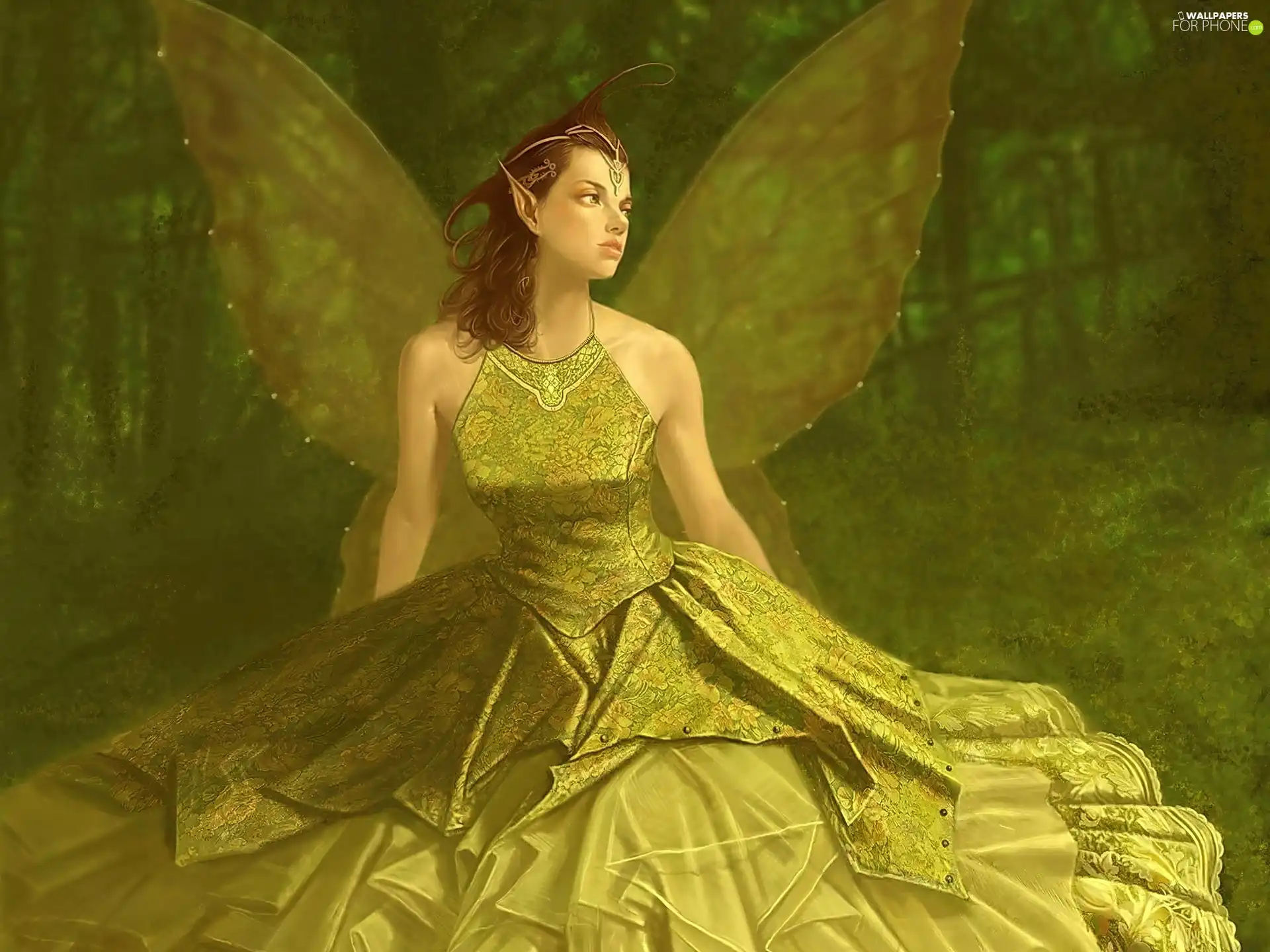 Women, Green, Dress, butterfly