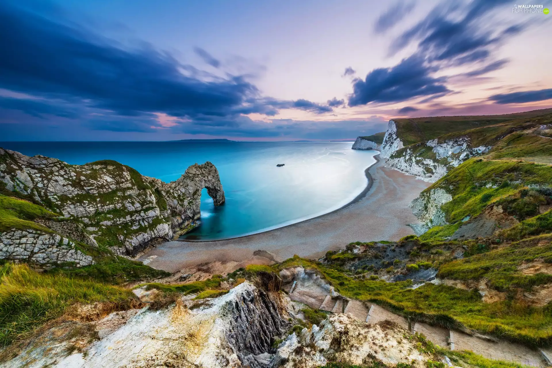 sea, England, Jurassic Coast, rocks, coast, Sunrise, Durdle Door, Durdle Door, Beaches