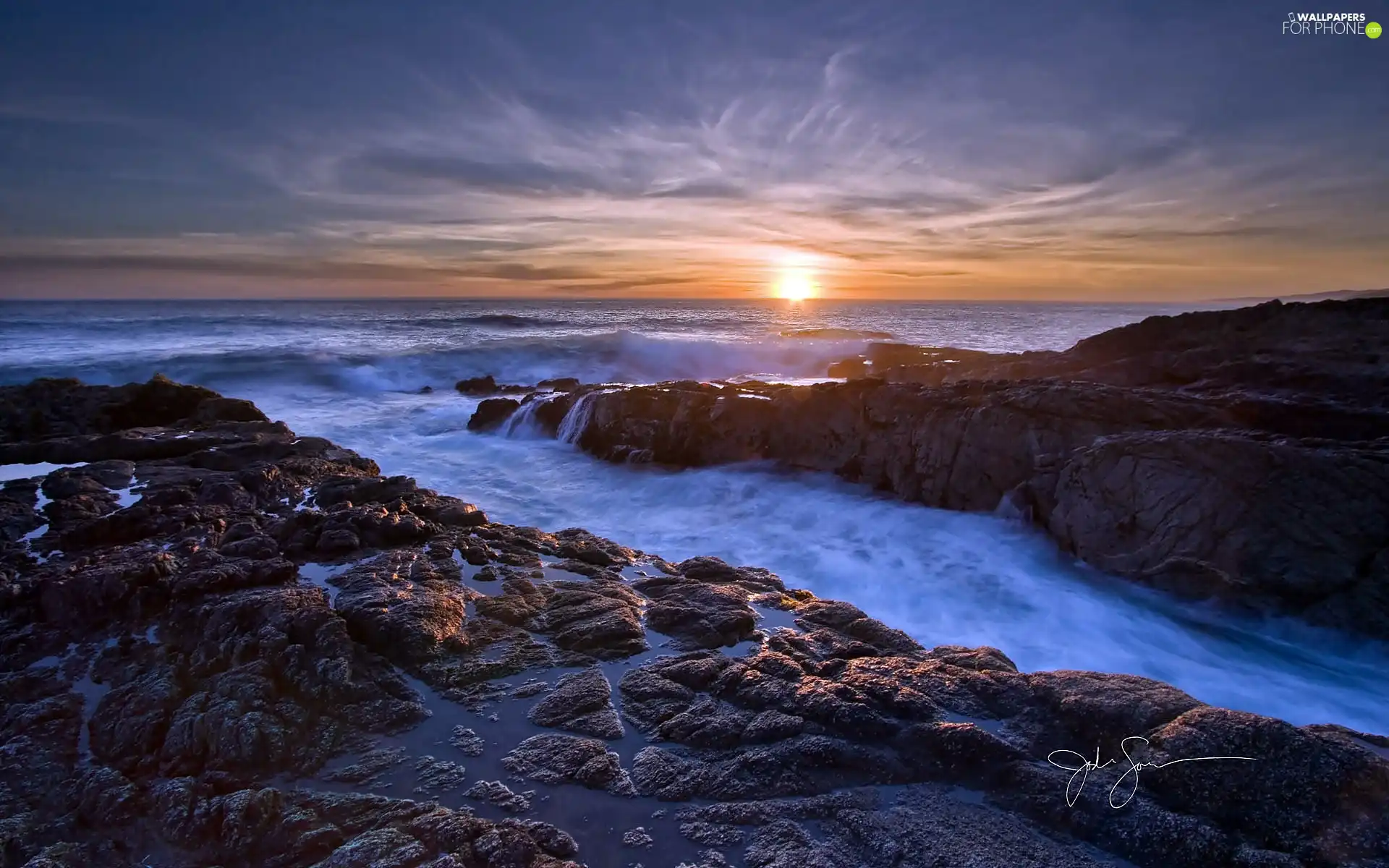 east, sun, Coast, rocks, sea