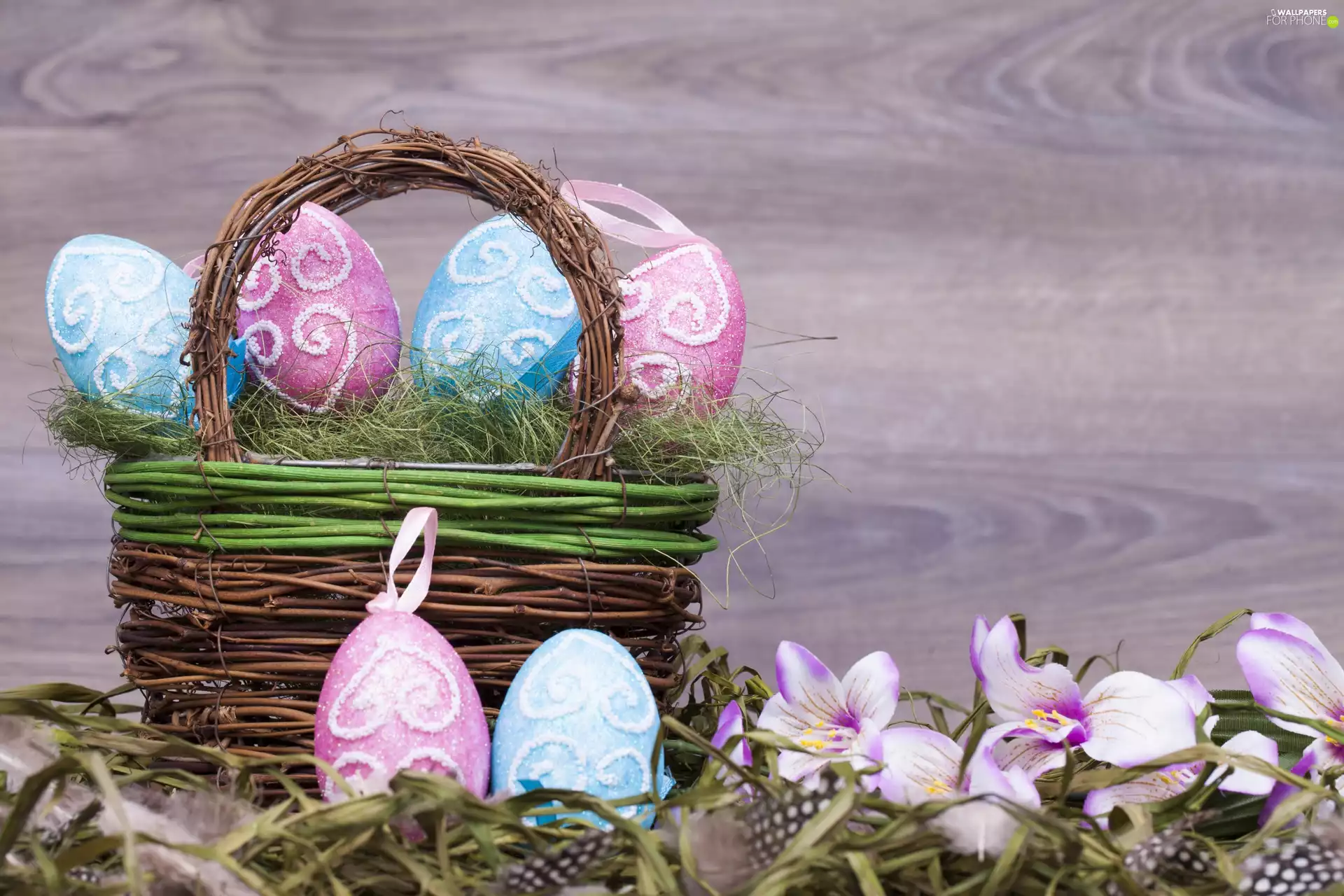 Flowers, basket, hay, Easter, pen, eggs