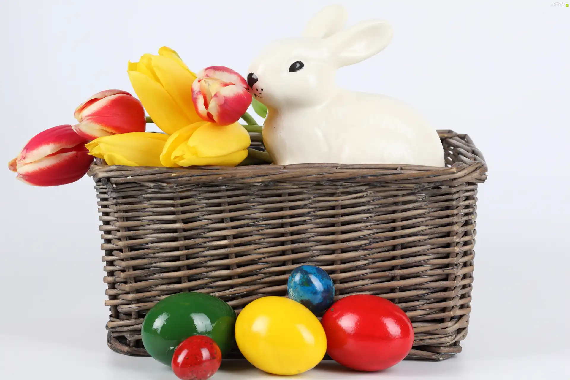 basket, porcelain, easter, eggs, Tulips, rabbit