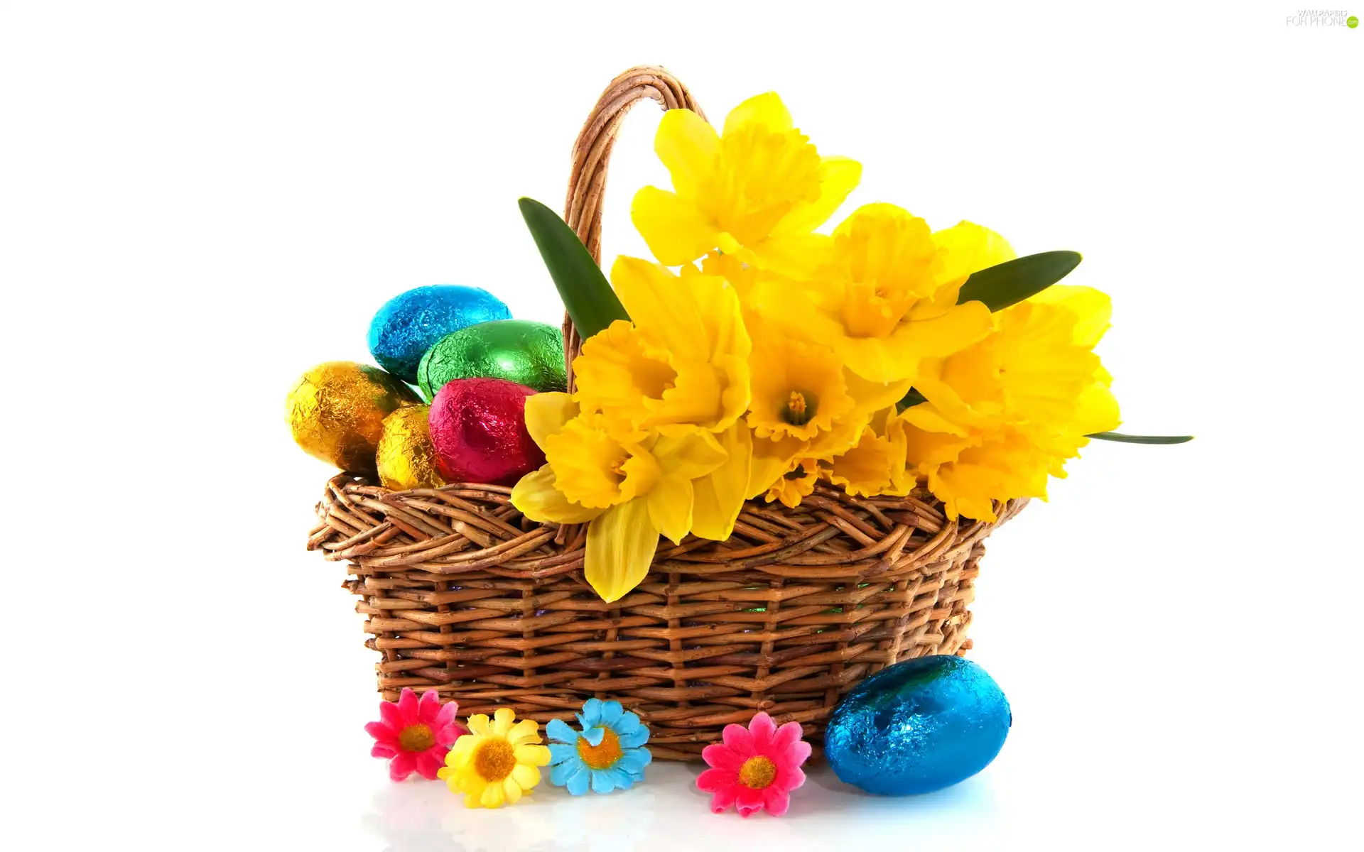 basket, chocolate, eggs, Daffodils