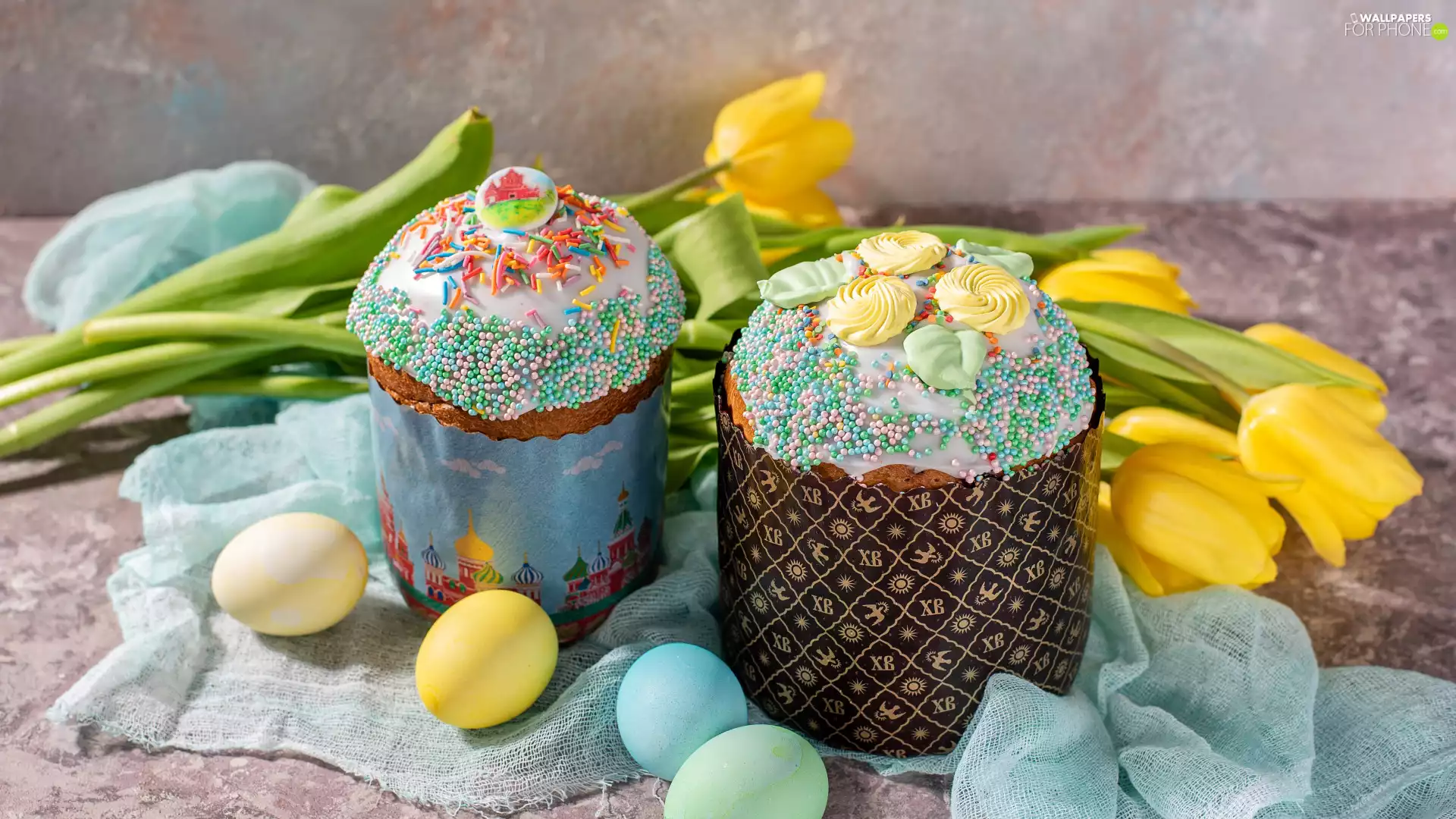 Easter, cake, Tulips, eggs