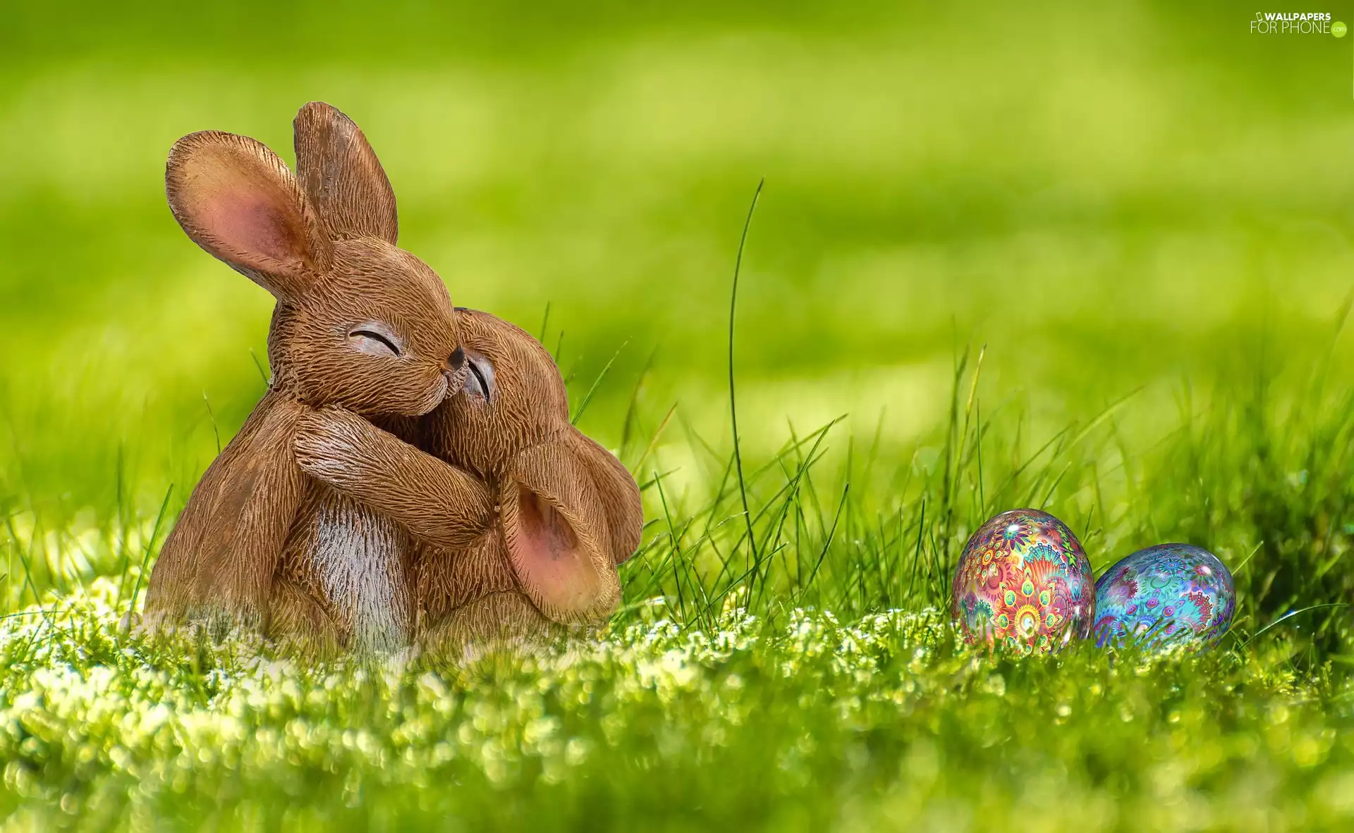 Two cars, grass, color, figure, Easter, rabbits, eggs