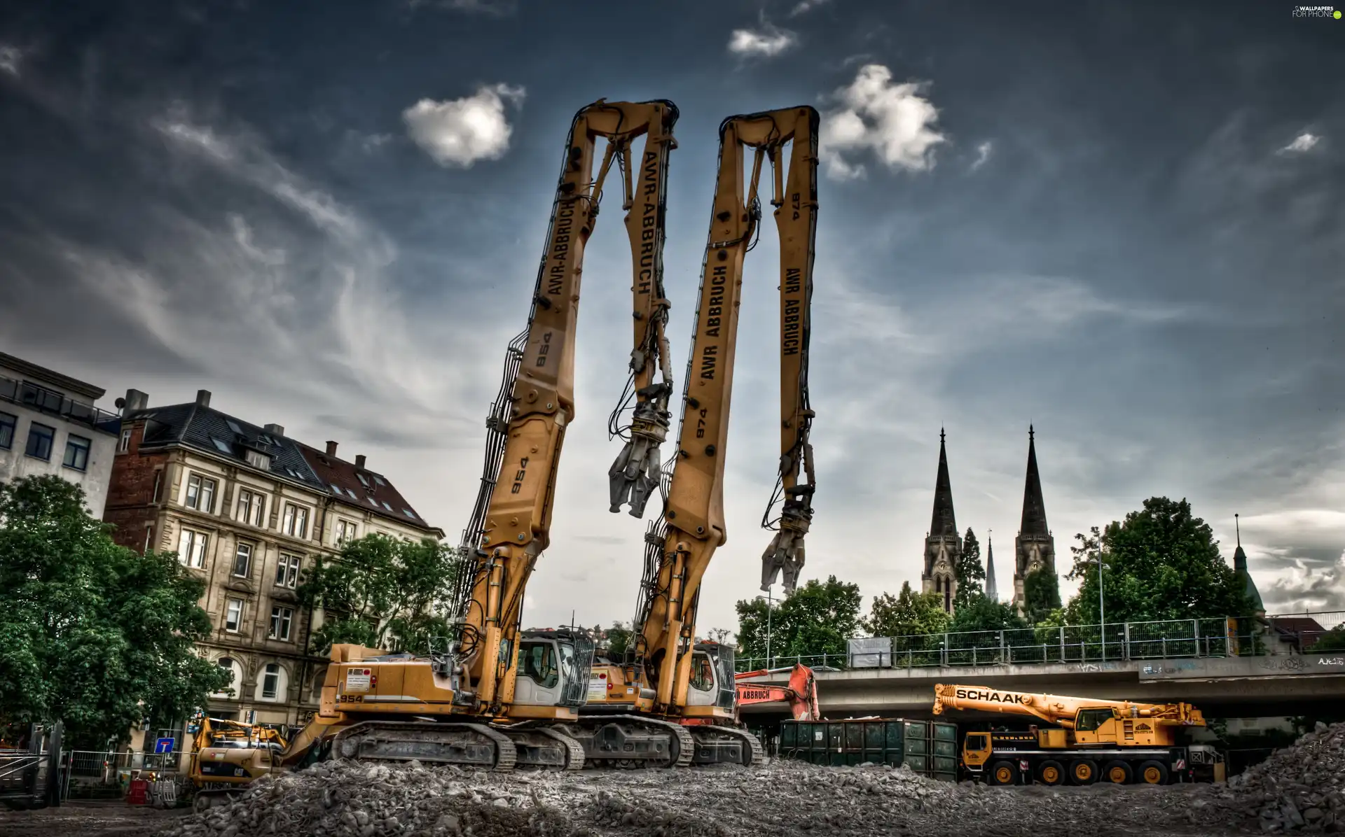 Excavators, crane, buildings, bridge, Town