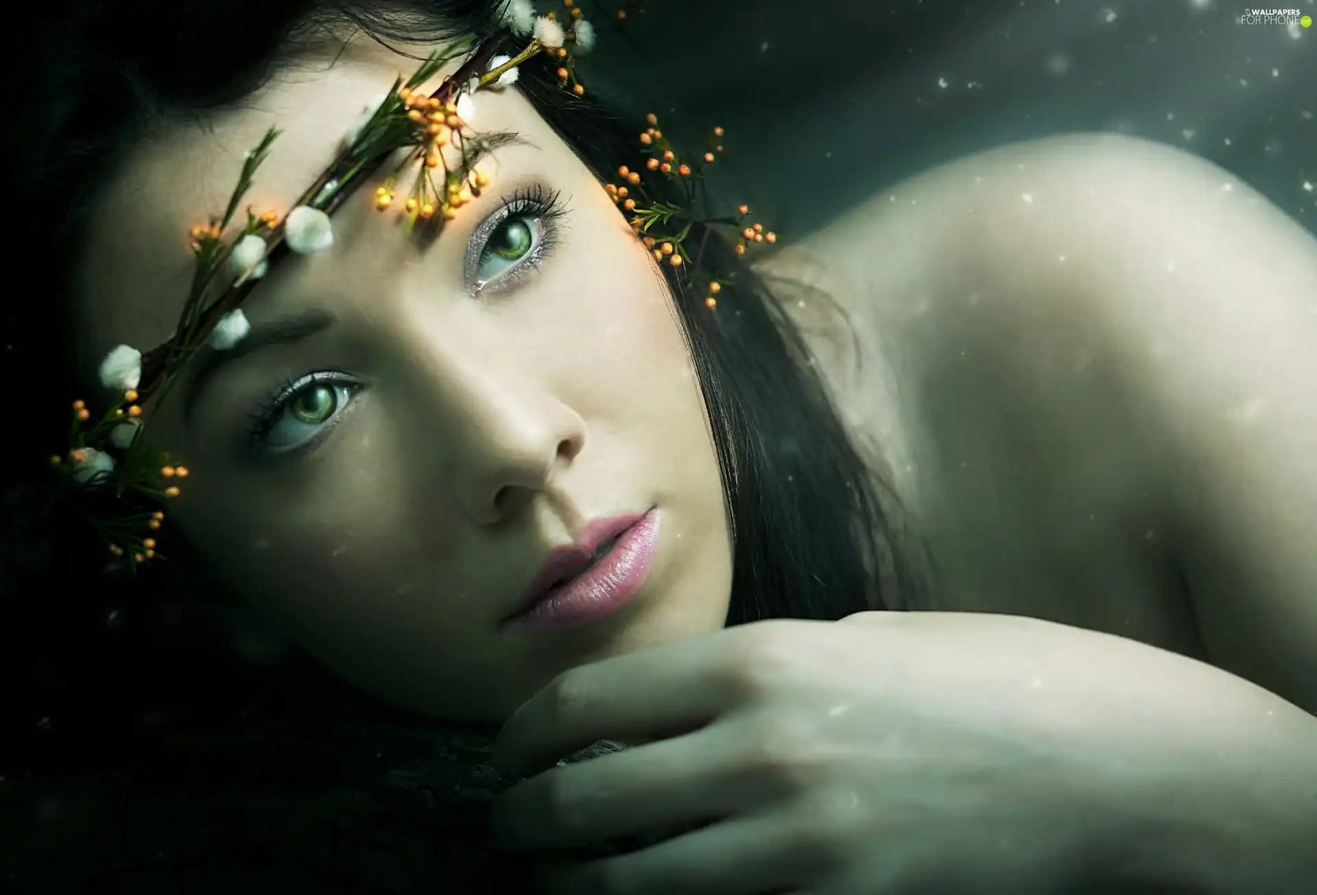 Women, green ones, Eyes, wreath