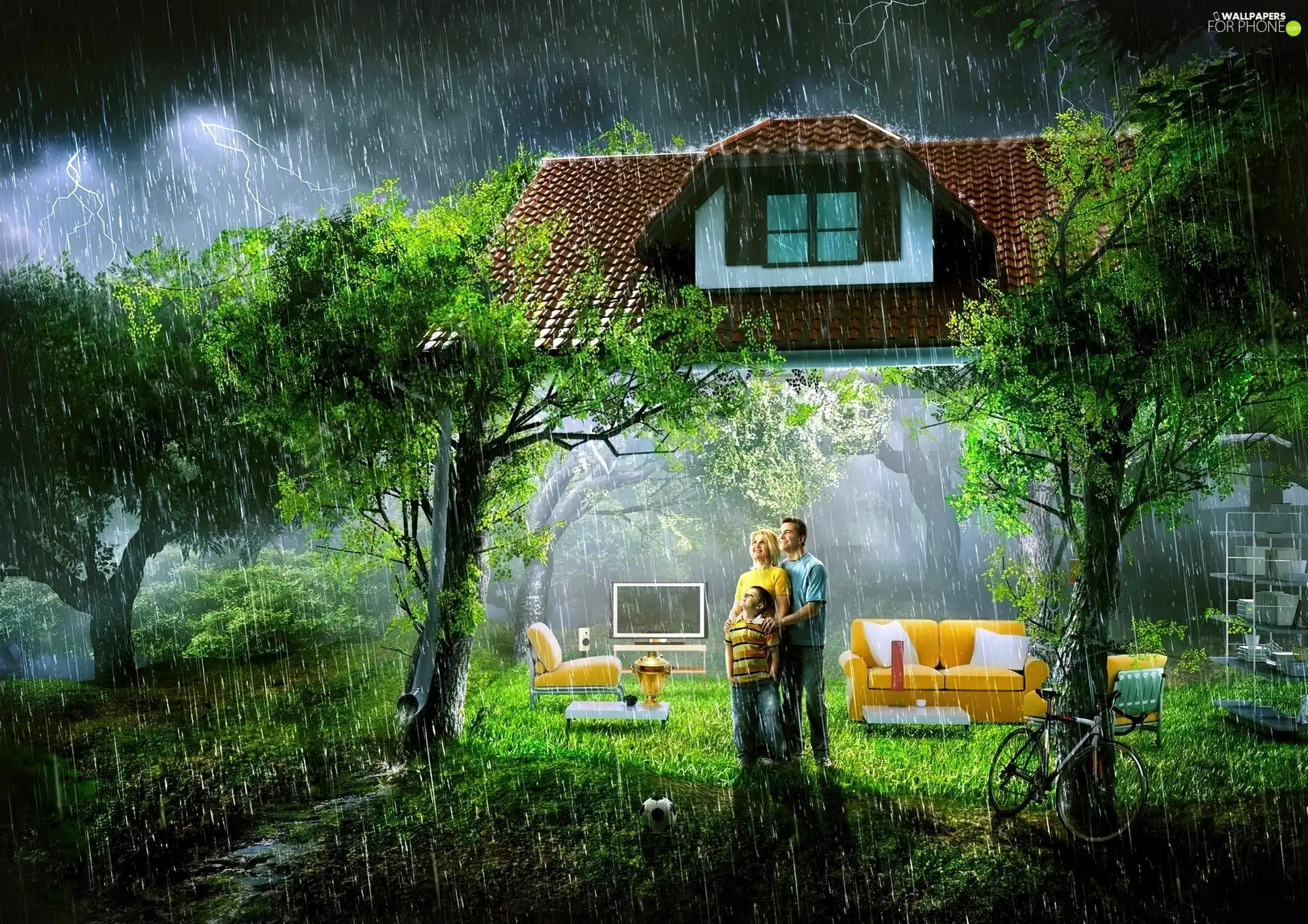 Family, house, Rain