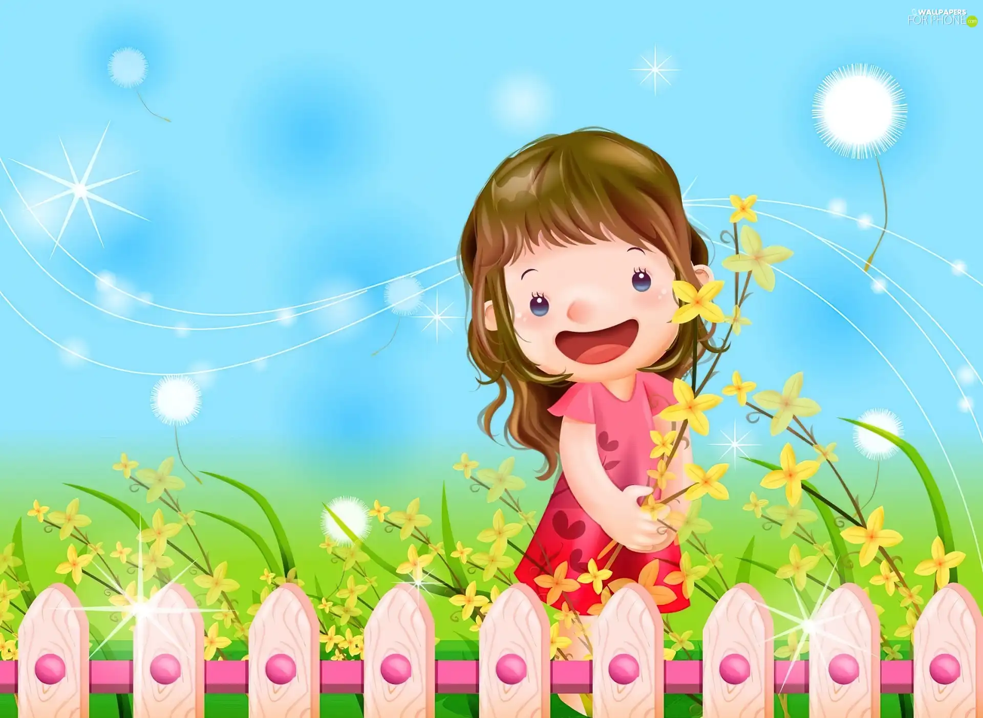 Kid, Flowers, Fance, joy