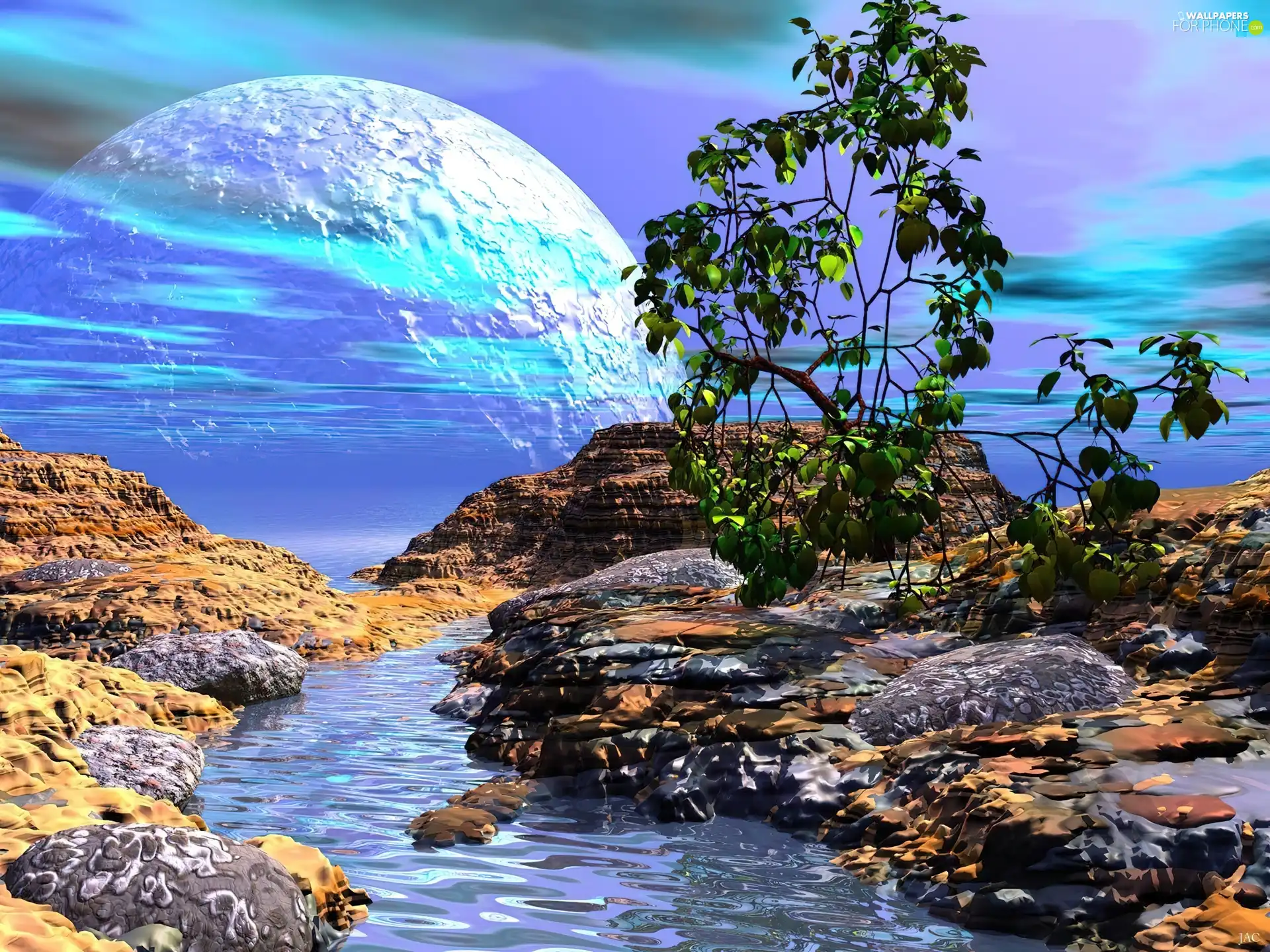 brook, rocks, fantasy, moon