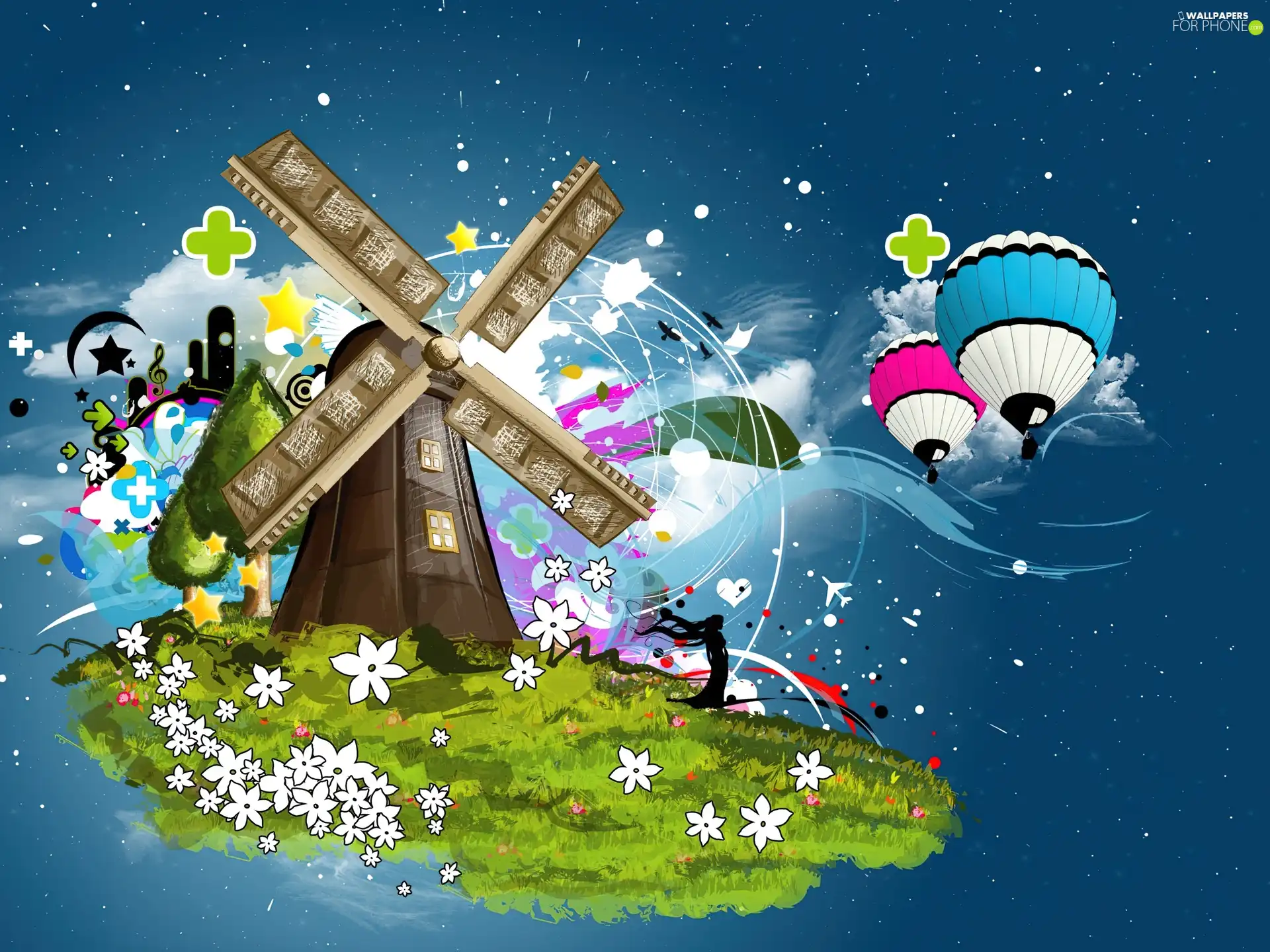 Windmill, Sky, fantasy, Balloons