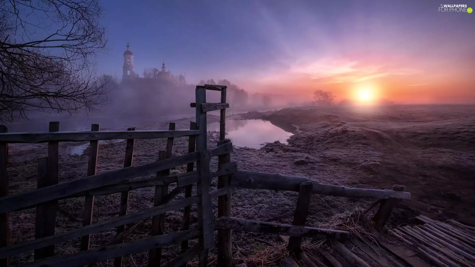 Cerkiew, fence, River, Fog, Sunrise