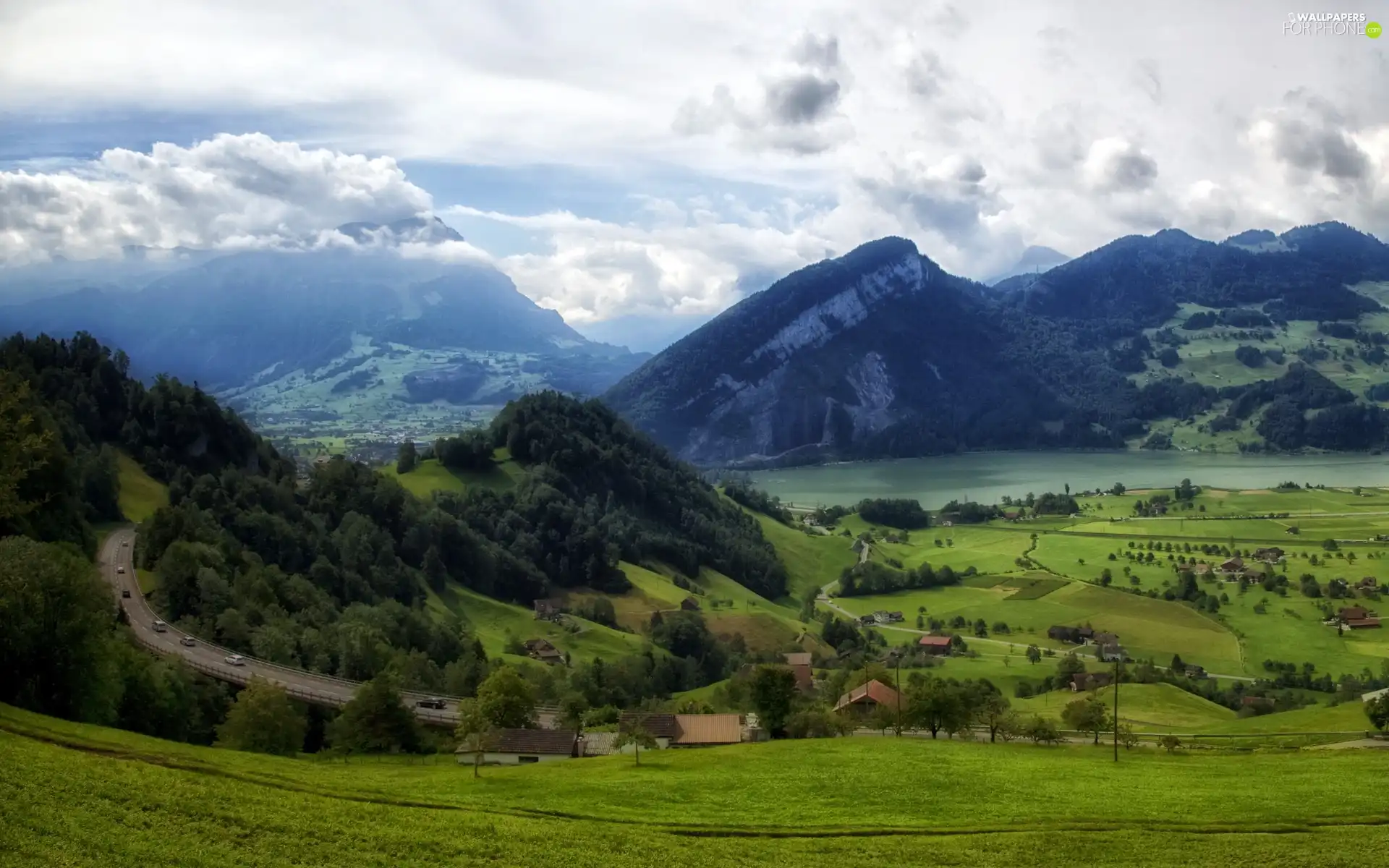 field, clouds, River, Way, Mountains