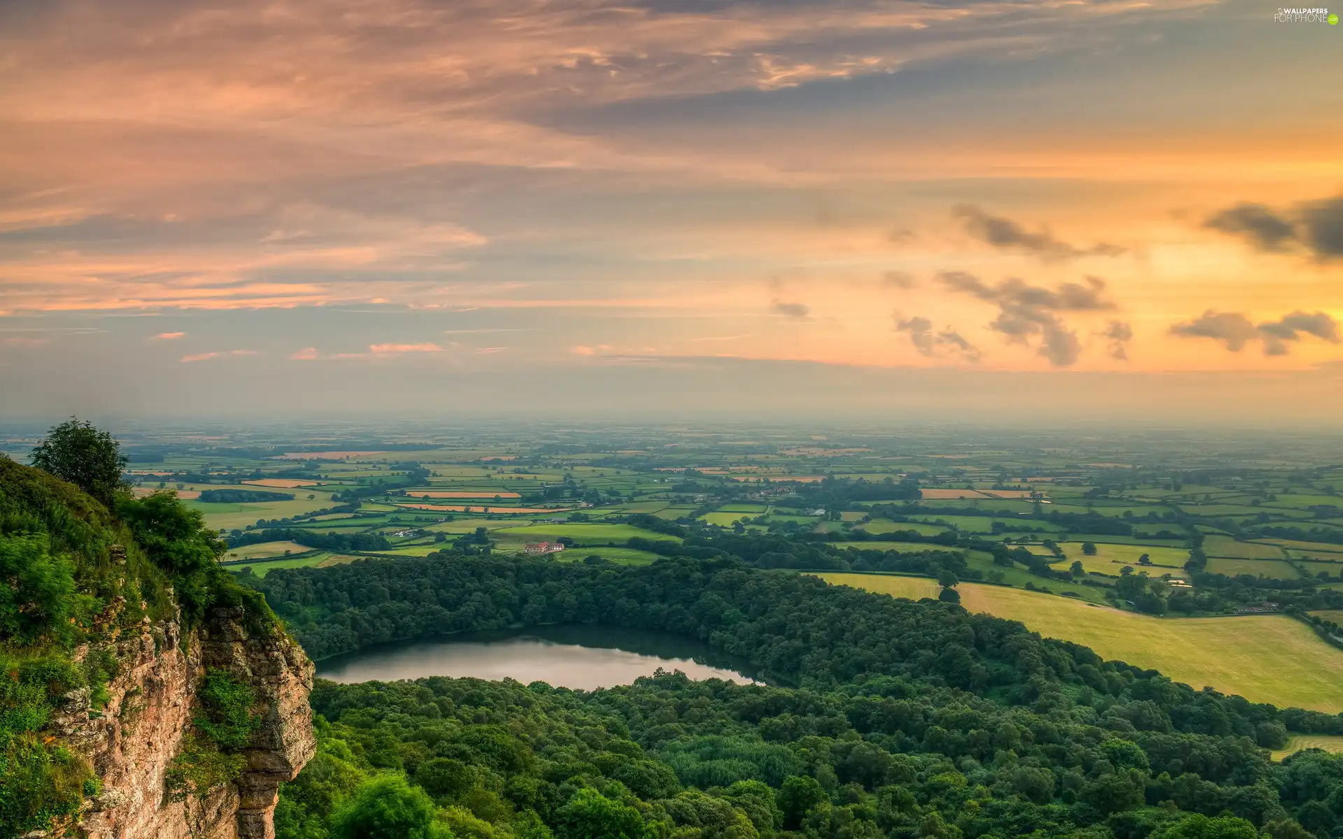 forest, mountains, field, cultivated, woods, lake