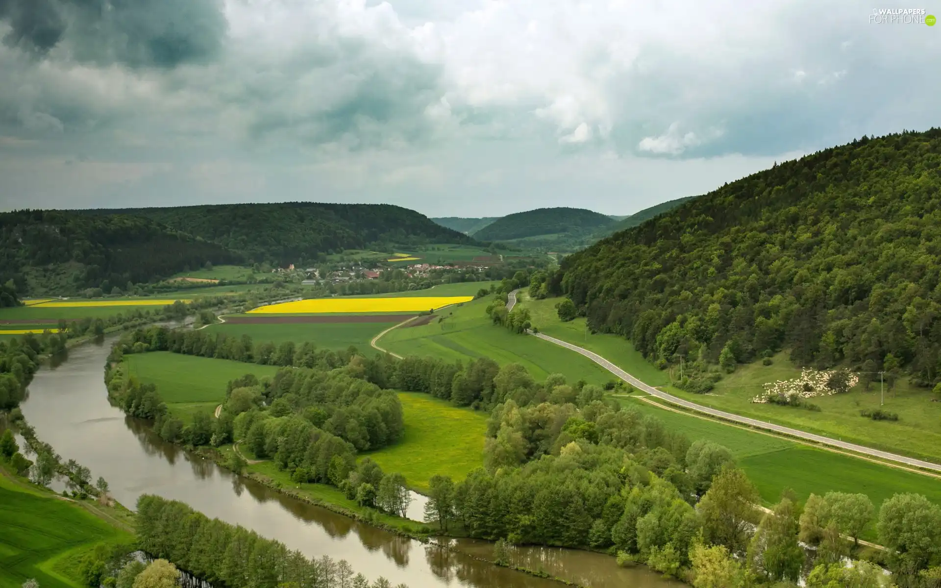 field, Way, Mountains, woods, River