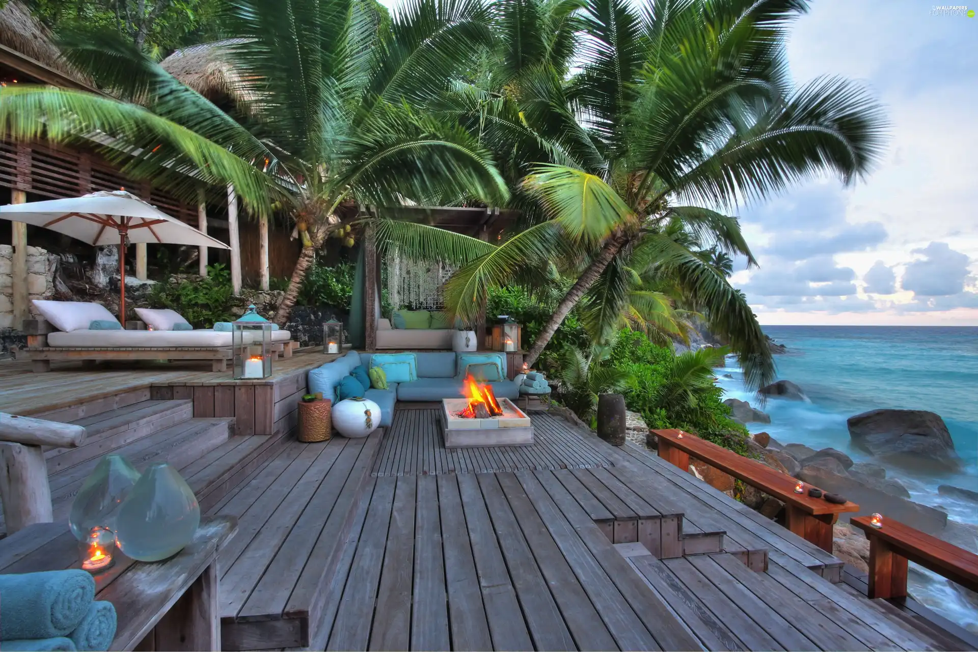 fire, Palms, clouds, sea, Sky, couch, Hotel hall, Stones