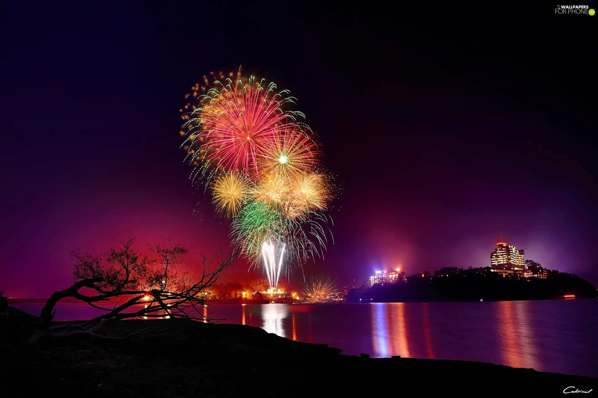 River, fireworks, New Year