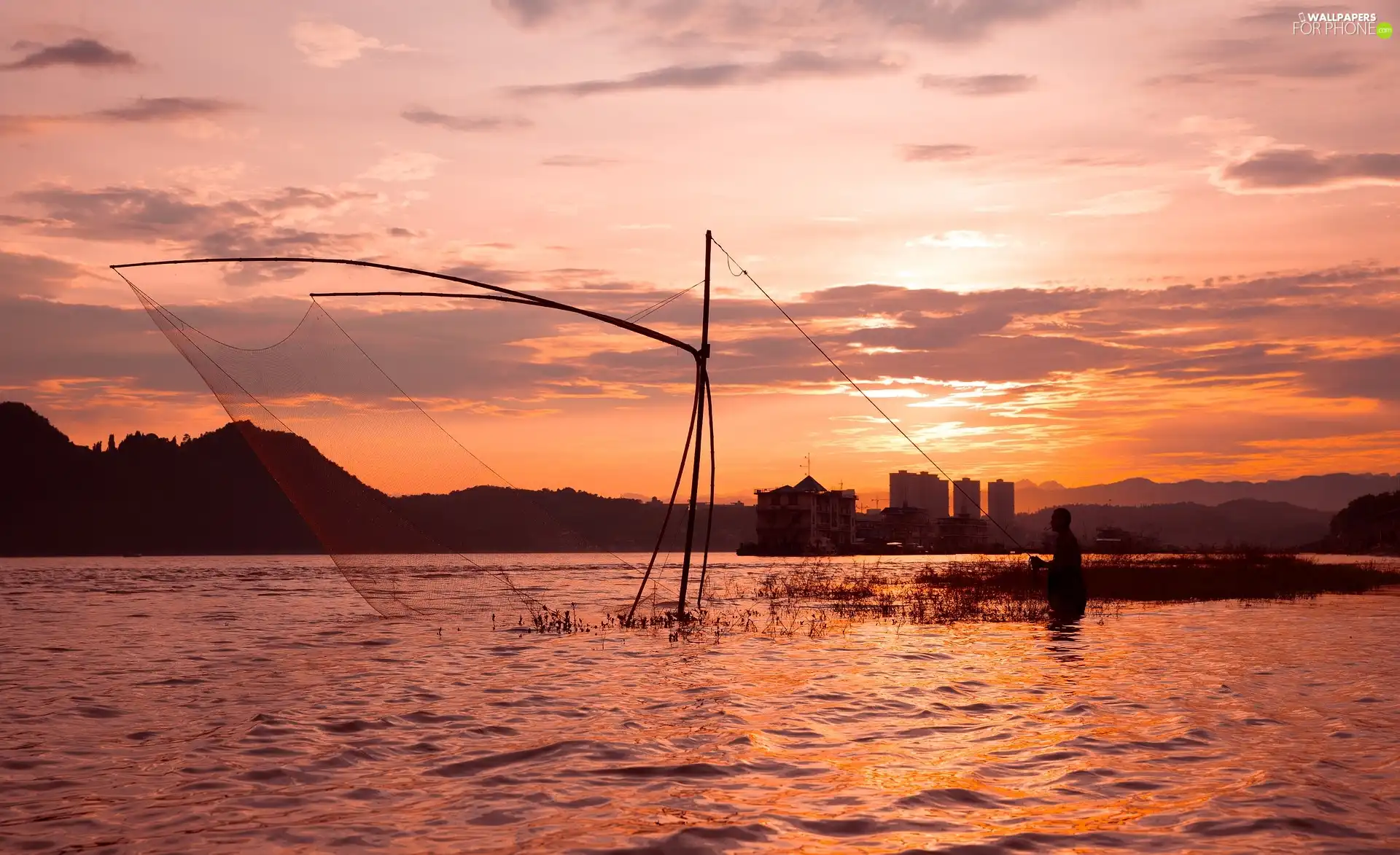 lake, fisherman, net, Great Sunsets
