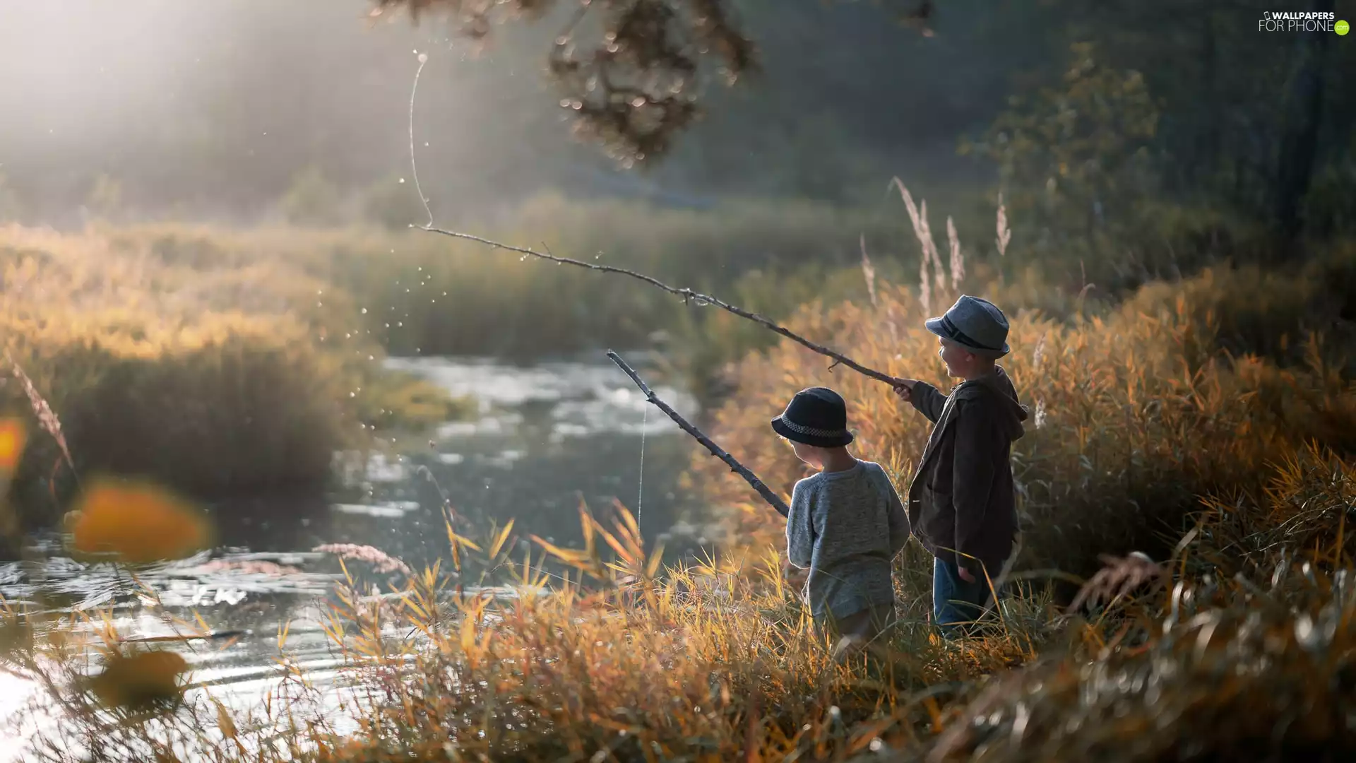 River, grass, boys, fishing-rod, Kids