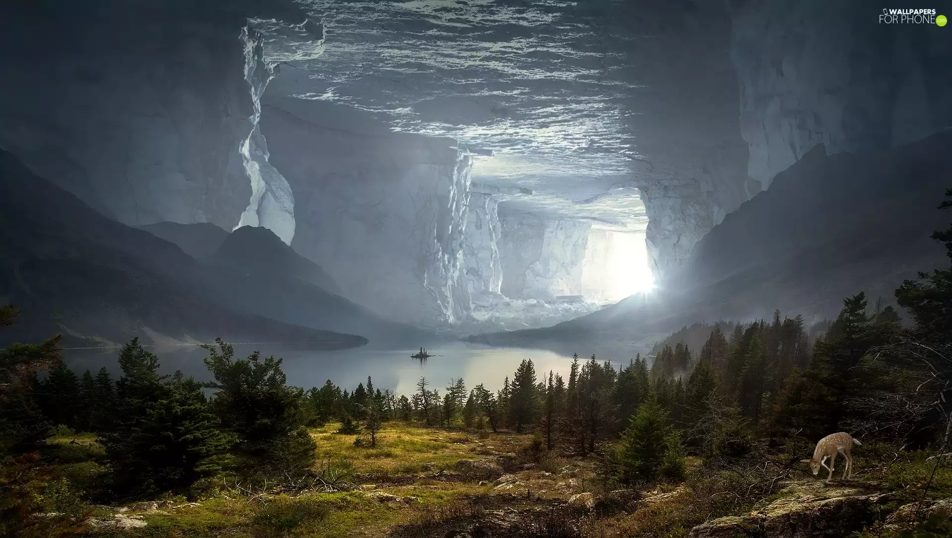 viewes, trees, grass, sun, ligh, roe, luminosity, cave, photomontage, flash, rocks, lake