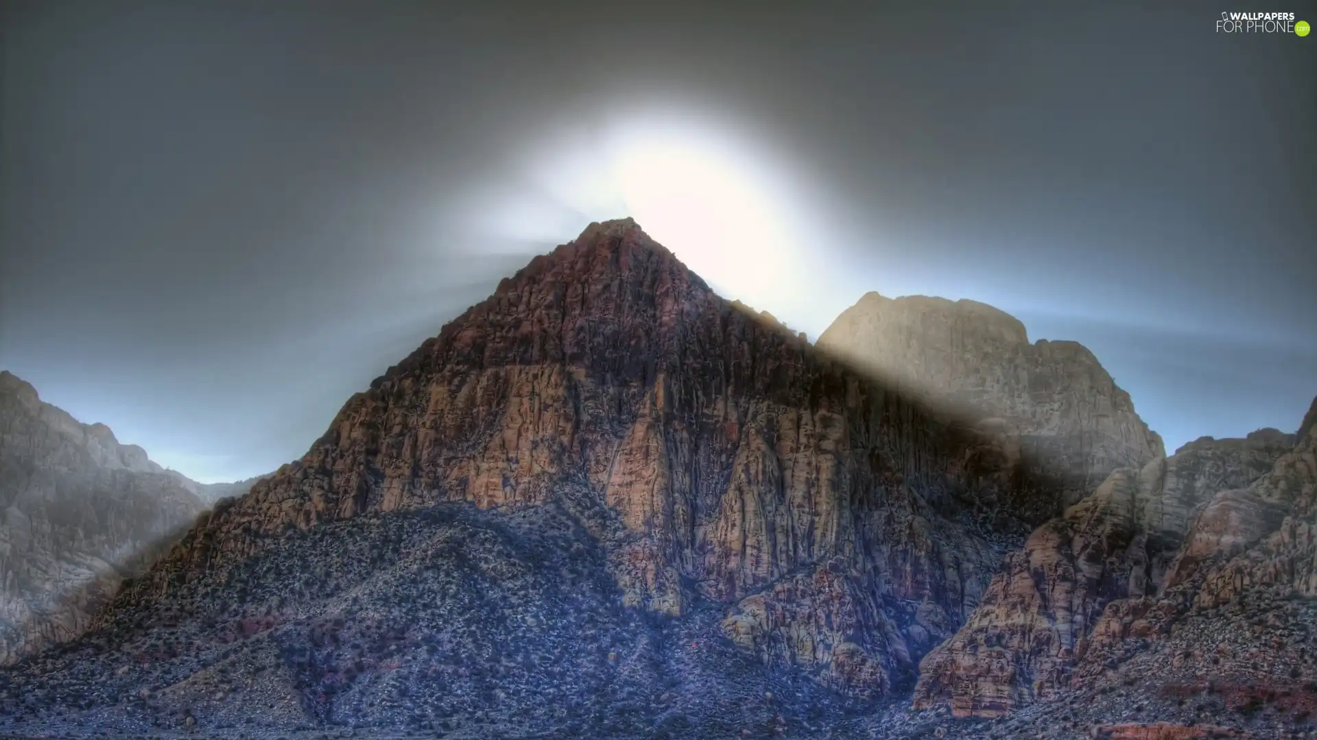 sun, Przebijające, luminosity, ligh, rocks, flash, Mountains