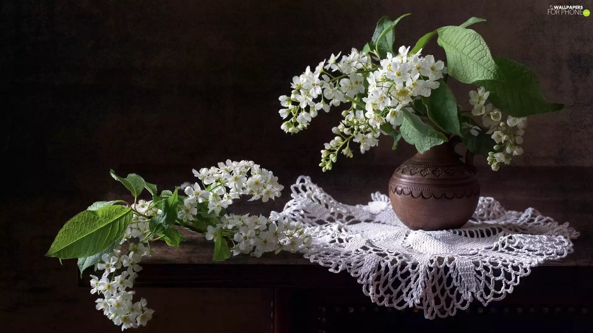 Bird Cherry, napkin, Flourished, Twigs, Vase