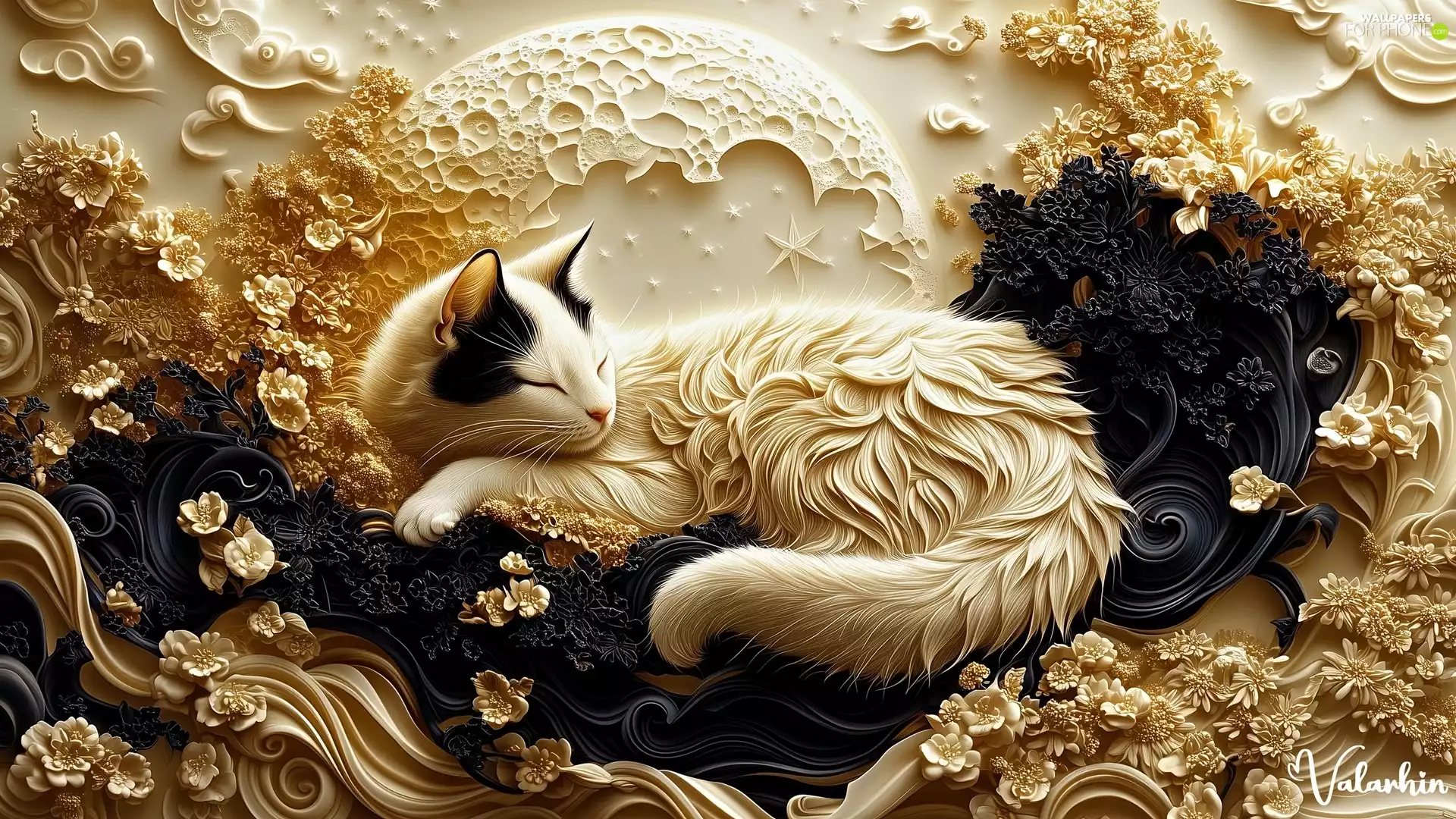 cat, Black, 3D, Golden, graphics, White, lying, Flowers