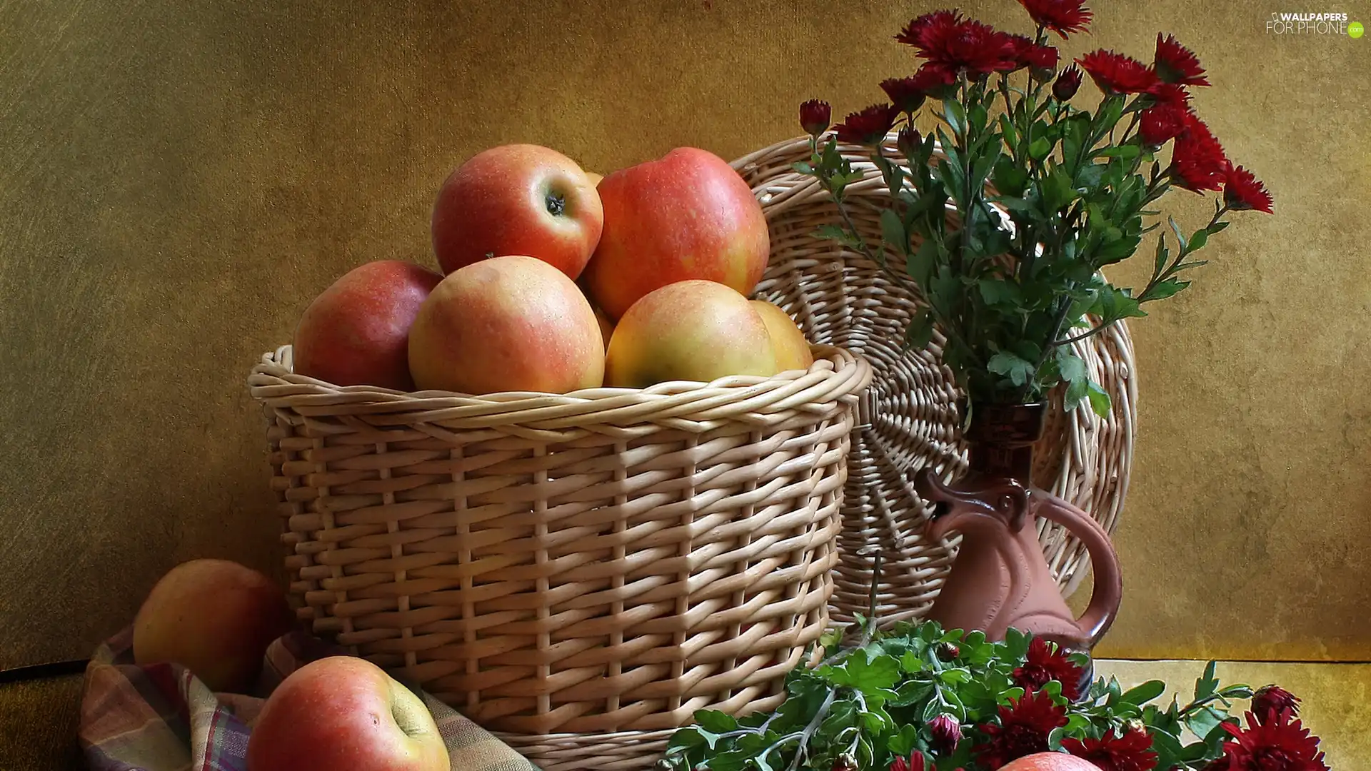 basket, apples, Flowers, wicker