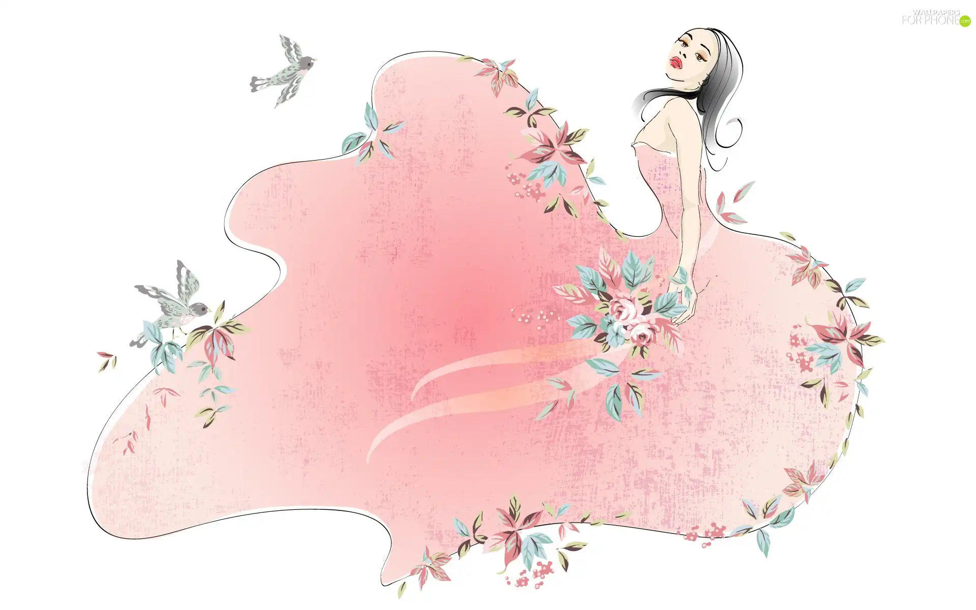 Flowers, Bird, Pink, Dress, Women
