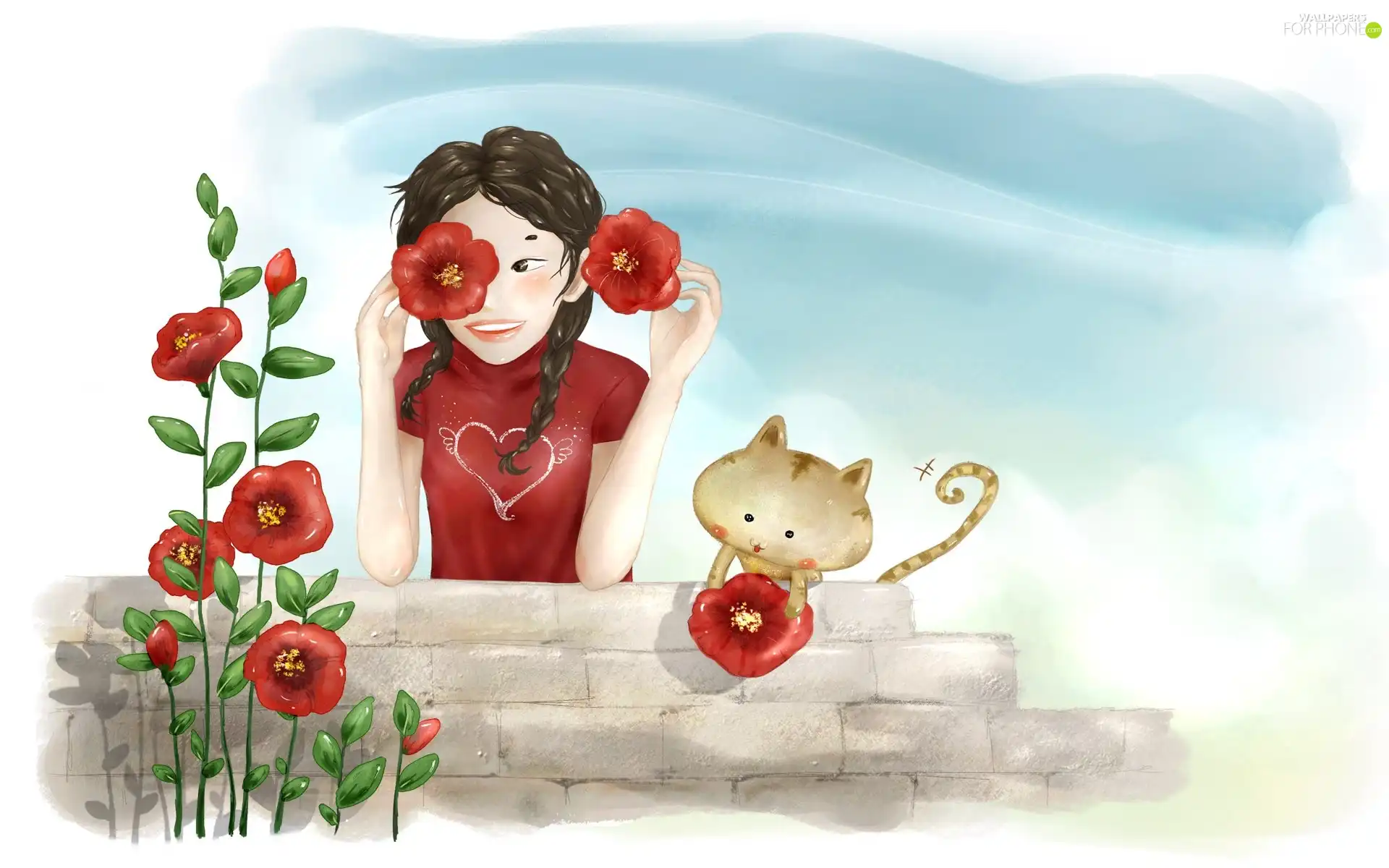 Flowers, girl, cat