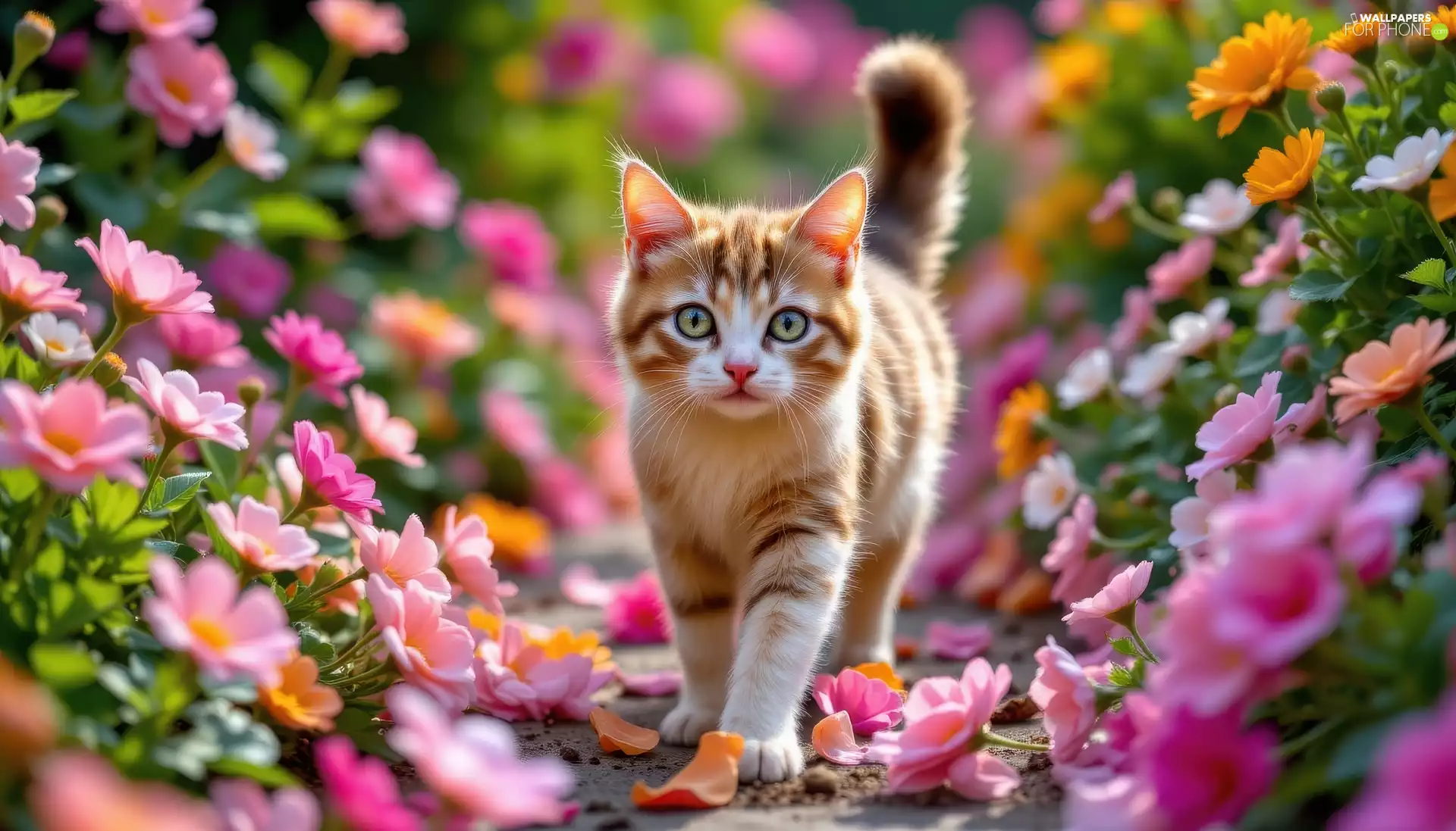 white and red, Flowers, Path, cat