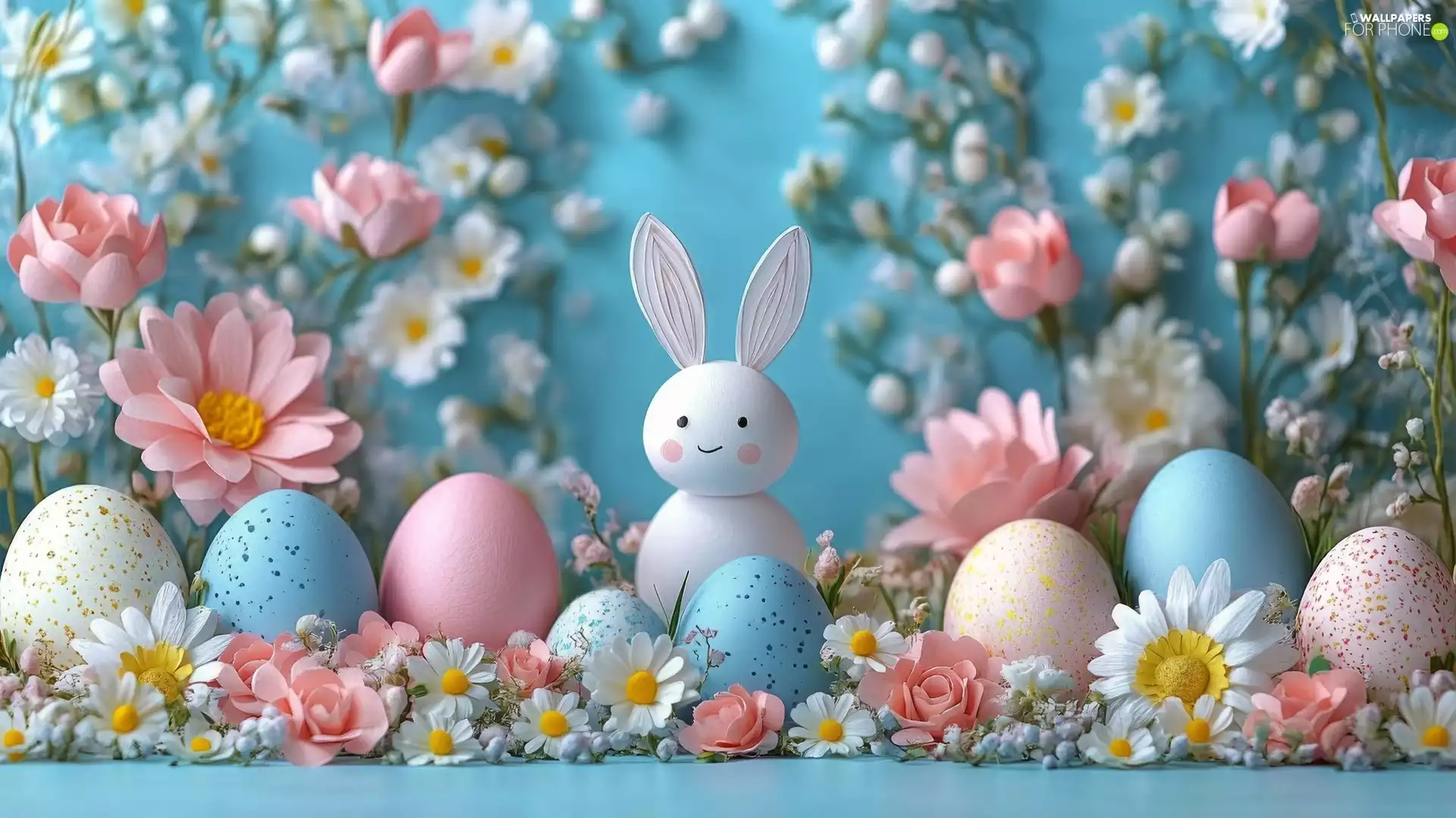 rabbit, Easter, Pink, Flowers, White, eggs
