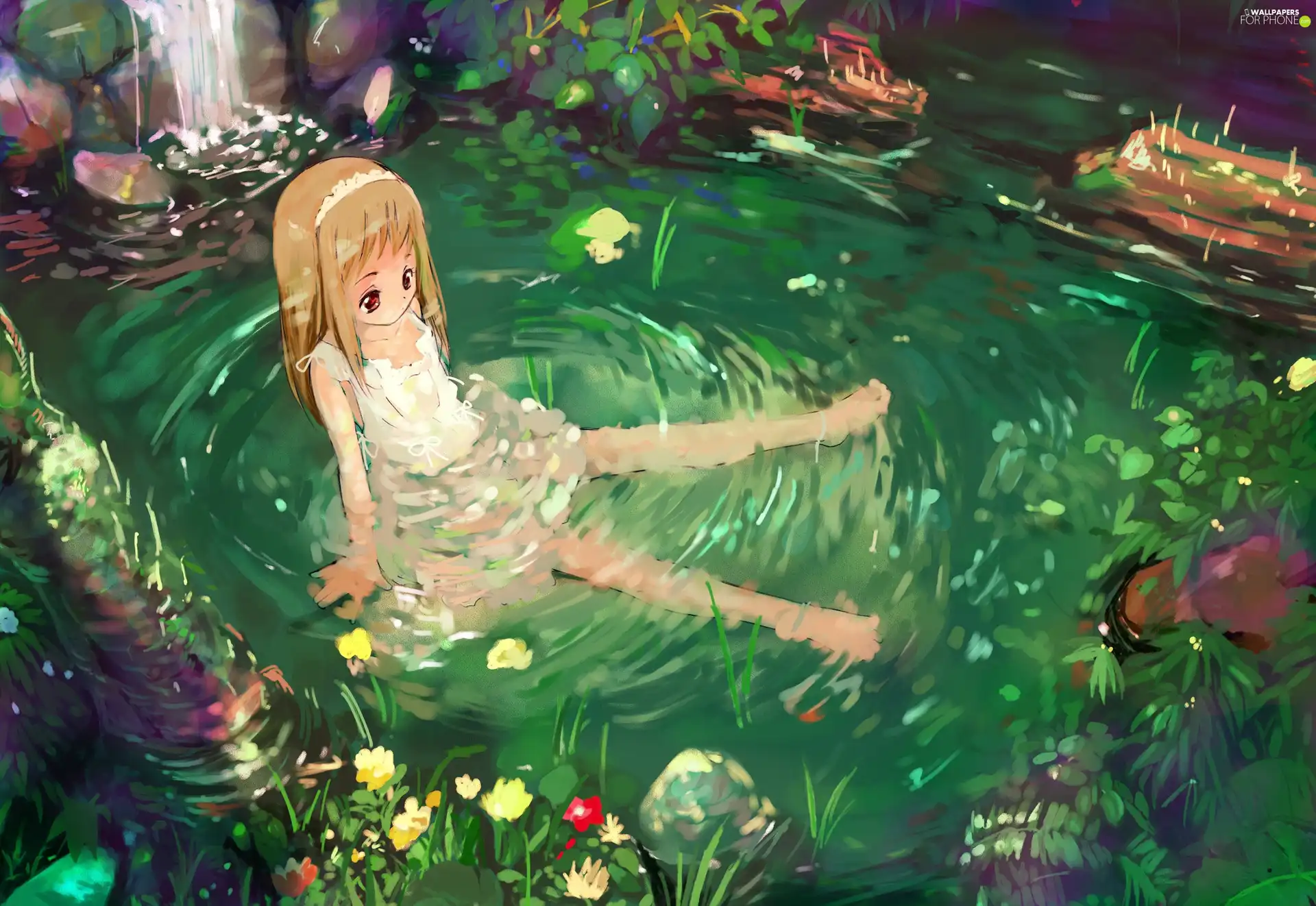 girl, branches, Flowers, pond