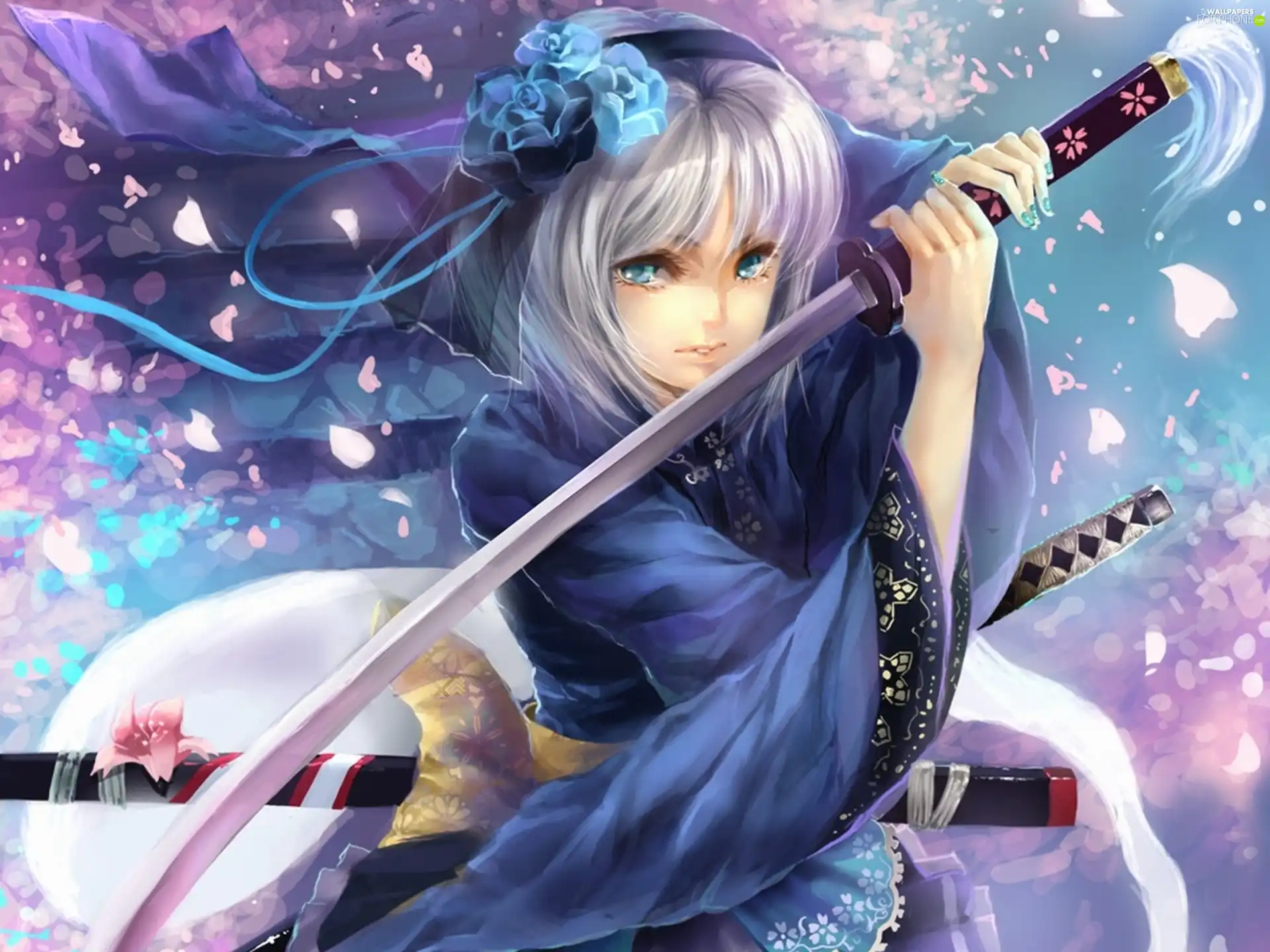 girl, flakes, flowers, katana